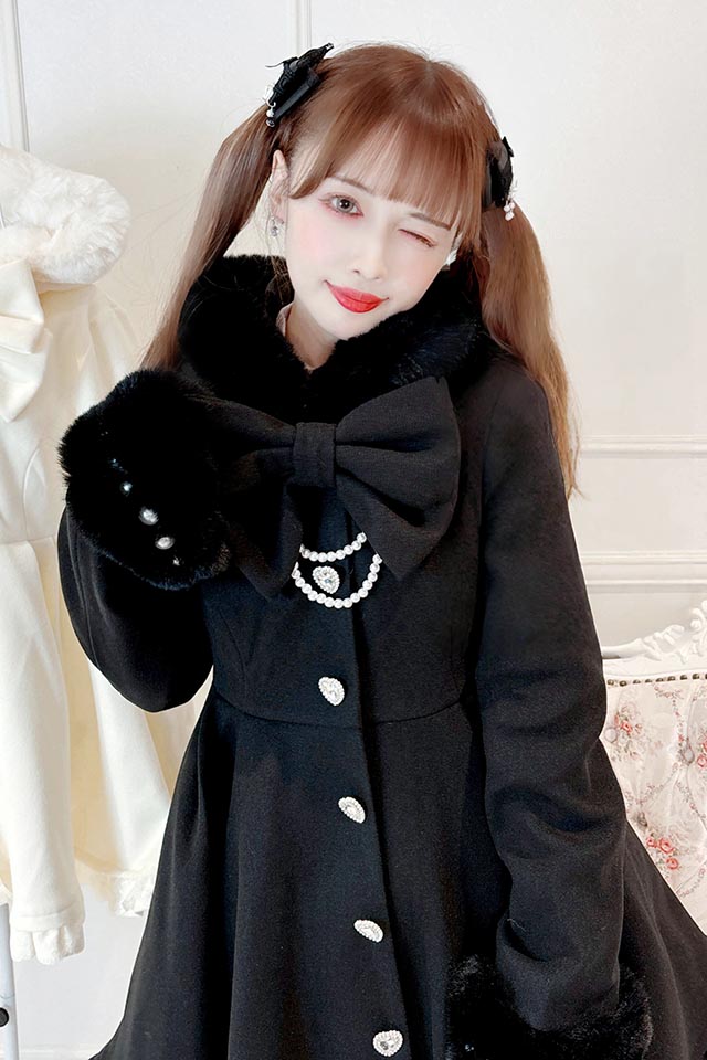 Princess Melody】りぼんタイ付きフードロングコート - ブラック size 