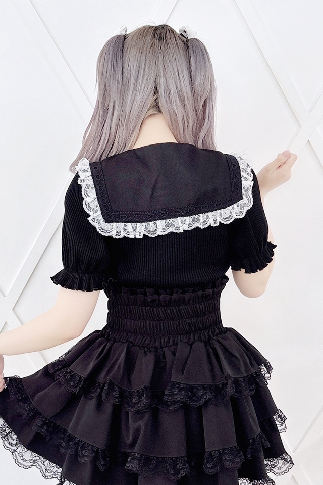 MA*RS】ハートレース×セーラー襟テレコトップス - BLK/ホワイト size-F