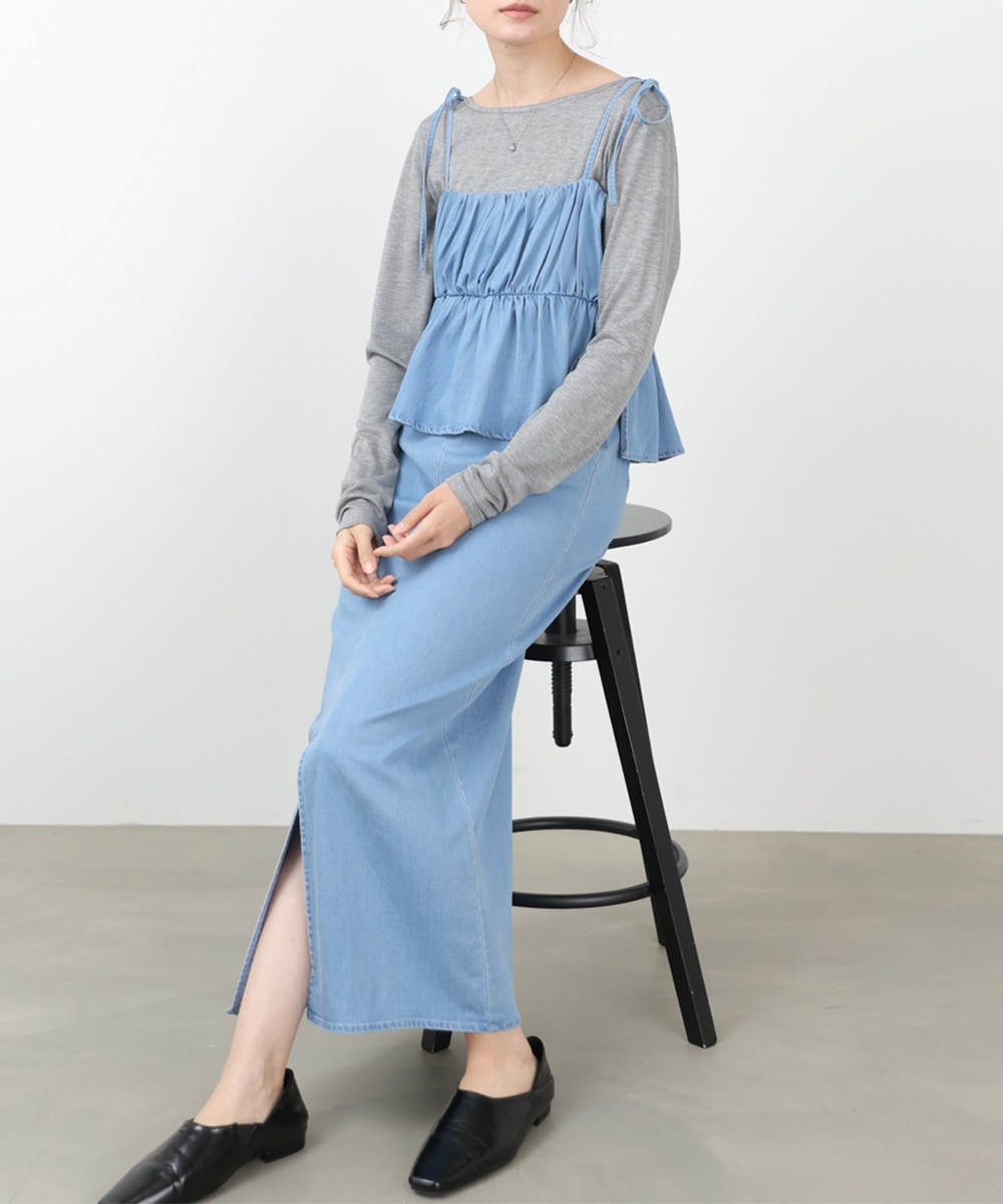 Bab/バブ|【選べるサイズ展開】デニムペプラムギャザーキャミ