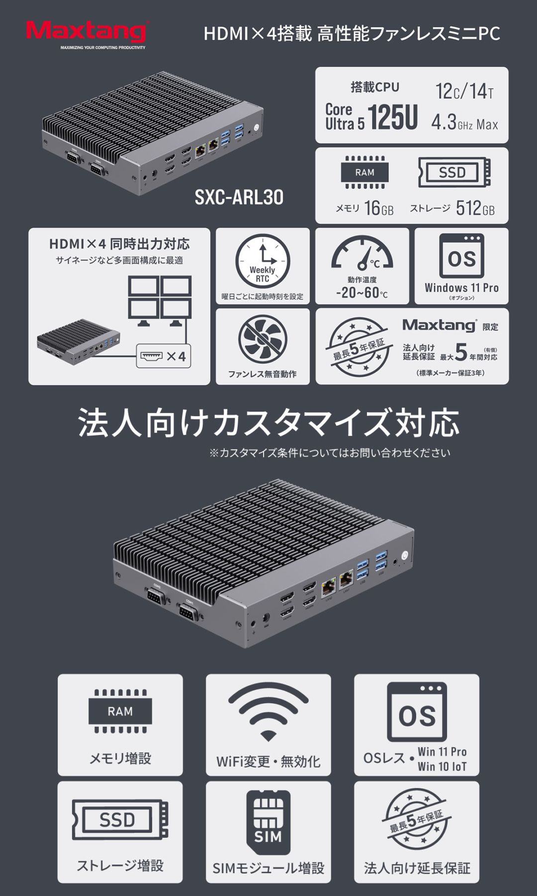 【受注生産･カスタマイズ可能】Maxtang ミニPC SXC-ARL30 メモリ16GB ストレージ512GB OSなし Intel Core Ultra 5 125U搭載 ファンレス 小型デスクトップパソコン SXC-ARL30-16/512(125U)