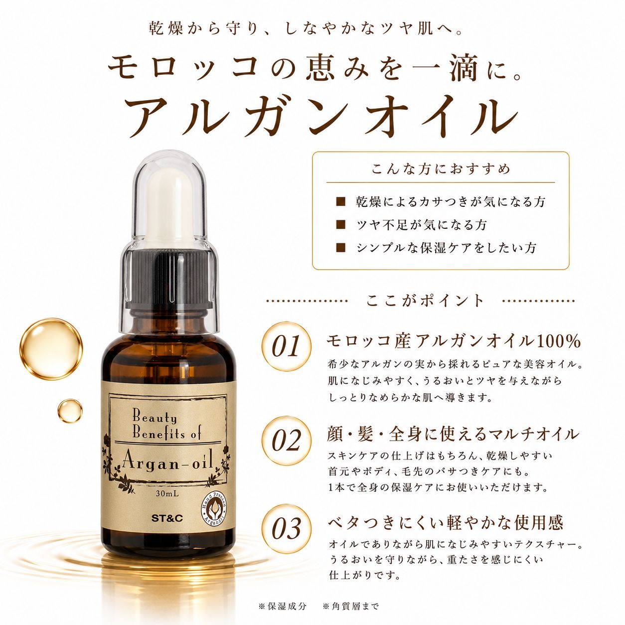 アルガンオイル　モロッコ 肌本来の美しさを引き出す」ドクターズコスメST&C モロッコアルガン