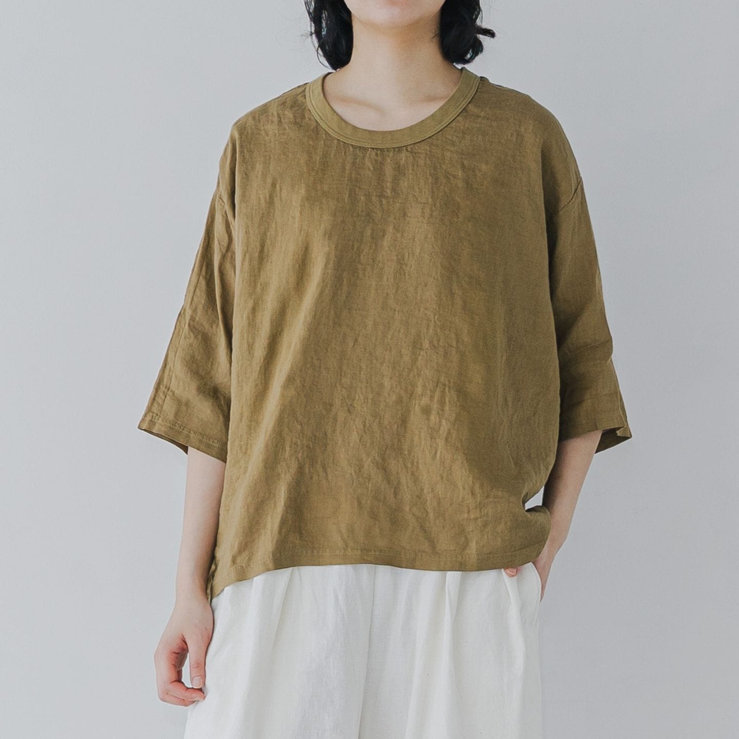 リネン クルーTシャツ _ キャメル