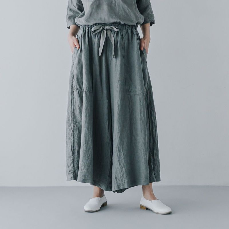 リネン染めギャザリングパンツ _ セージグリーン