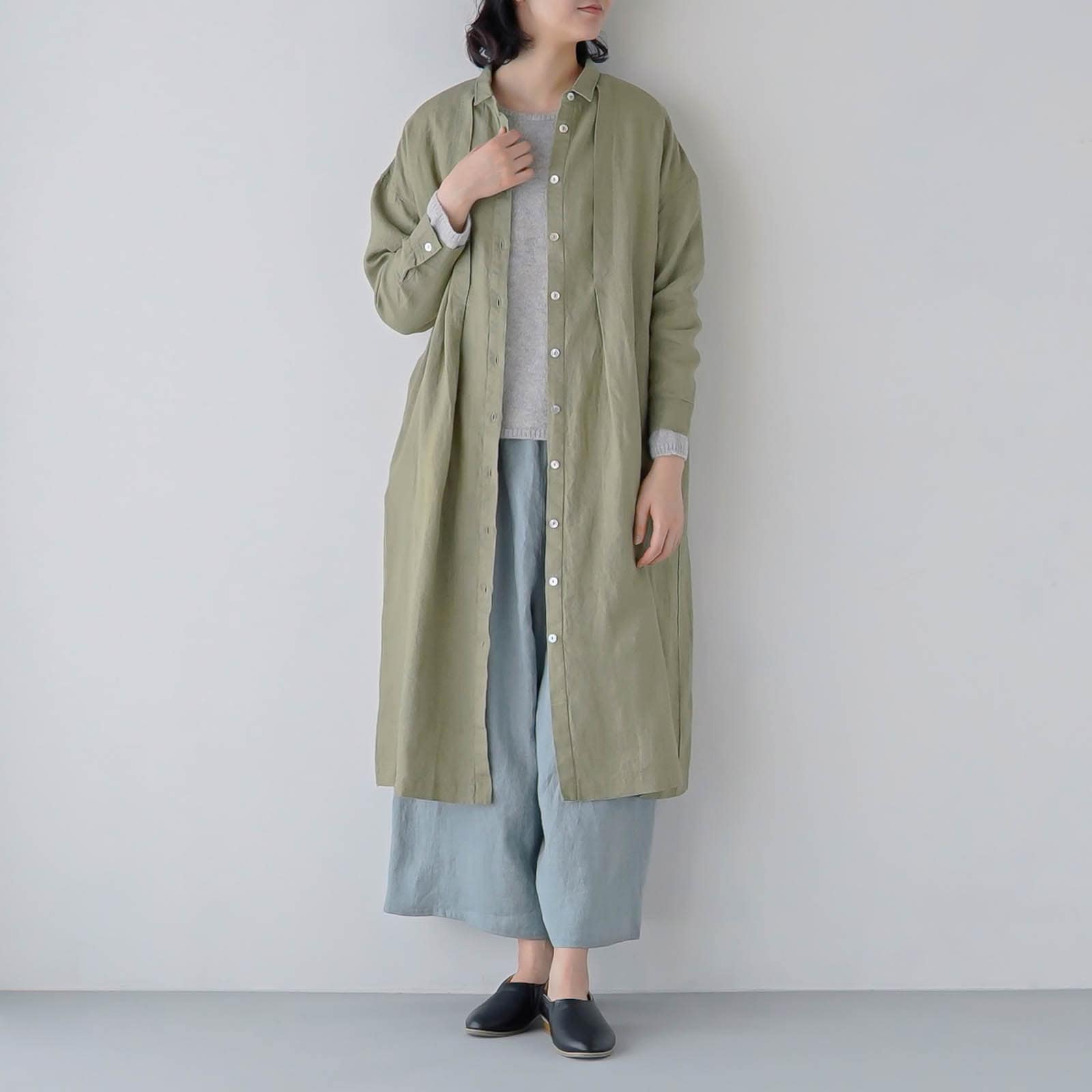 【クーポン対象】E41-7　タックワンピース _ フォググリーン