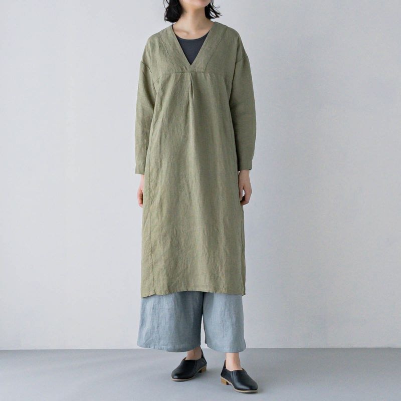 E73-13 Vネックワンピース _ フォググリーン