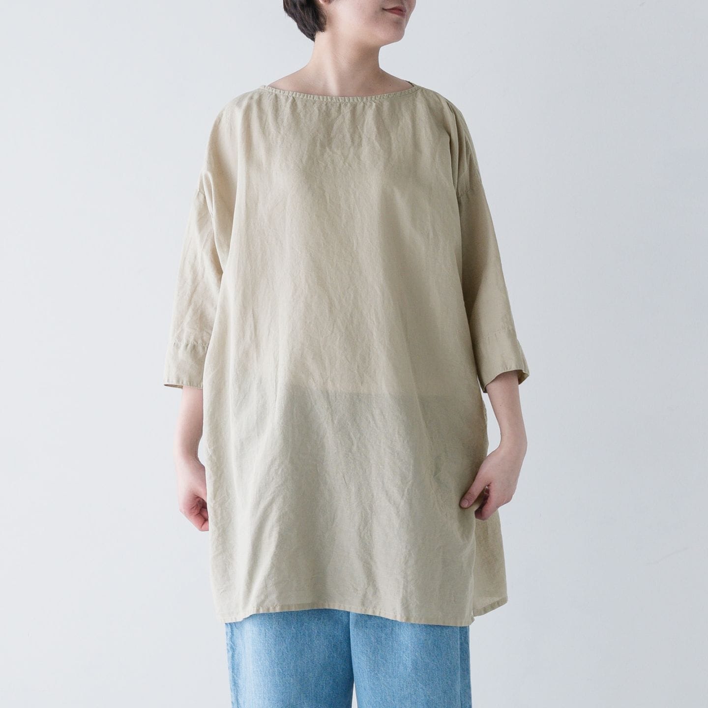 ARTE POVERA _ リネン&コットン ボートネックロングブラウス ライトベージュ