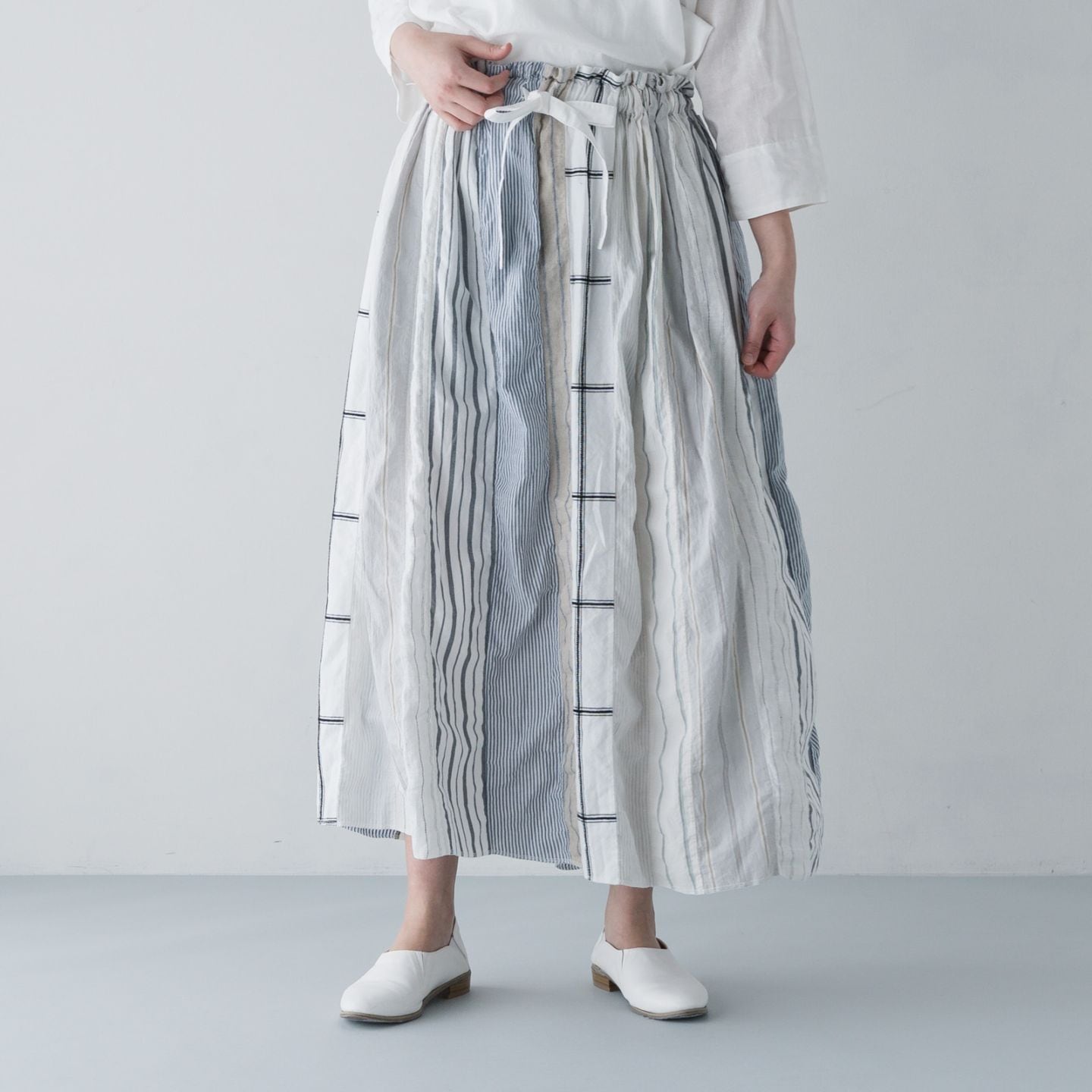 ARTE POVERA _ ストライプ MIXMIX ギャザースカート _ ホワイトMIX