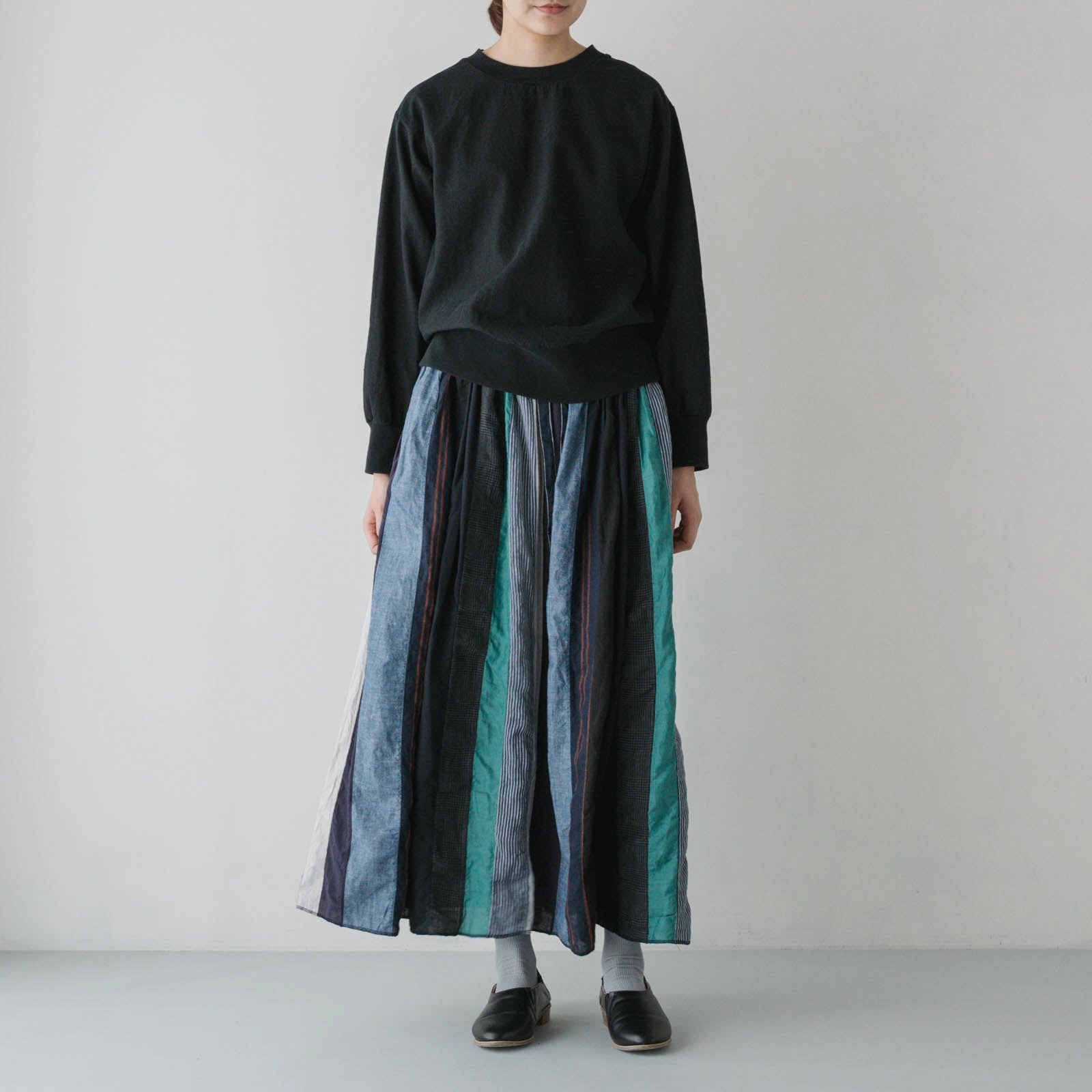 リネン＆コットン _ ミックスギャザースカート _ ブルーMIX染め