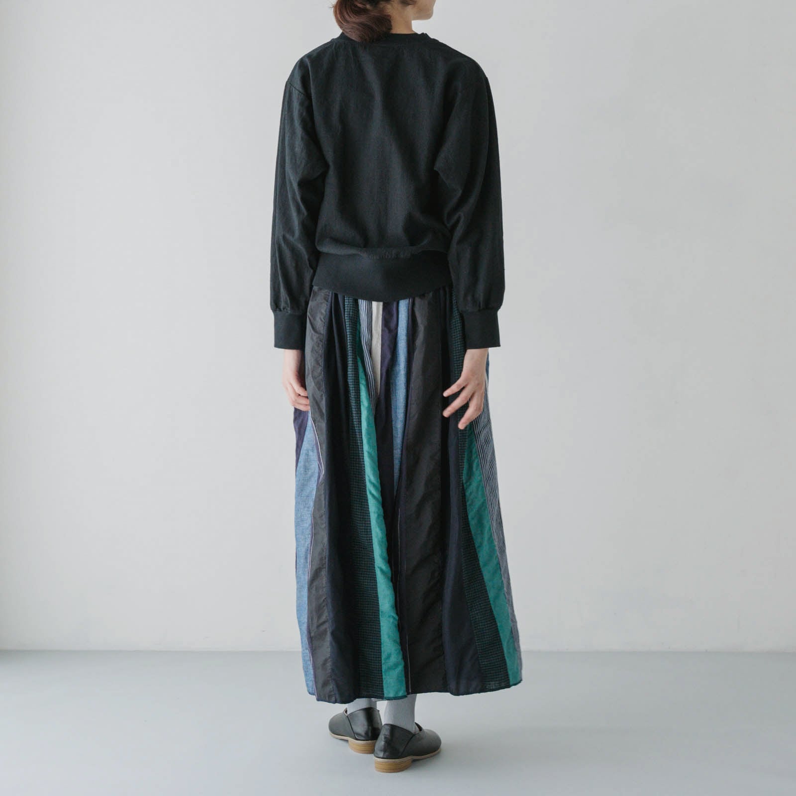 リネン＆コットン _ ミックスギャザースカート _ ブルーMIX染め