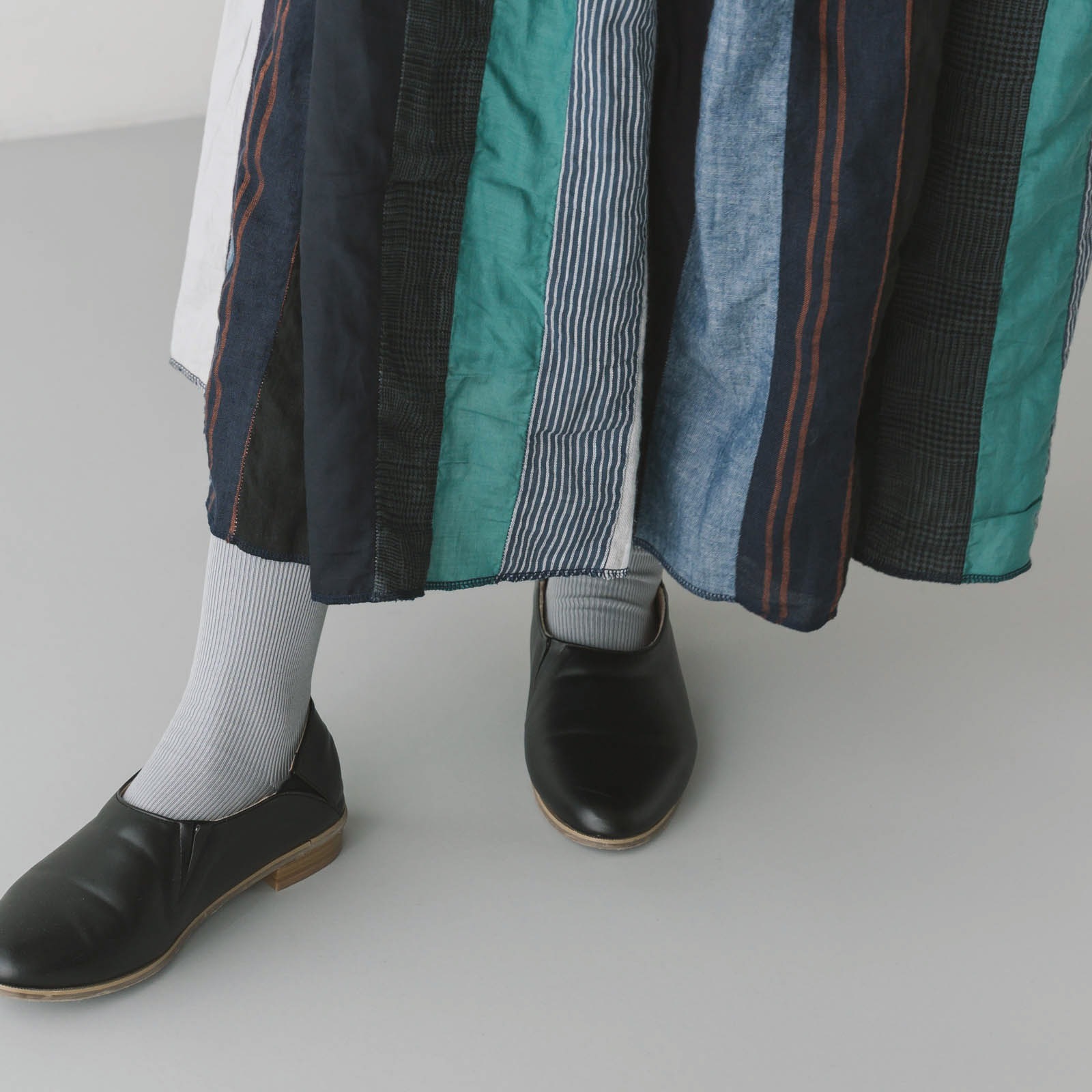 リネン＆コットン _ ミックスギャザースカート _ ブルーMIX染め