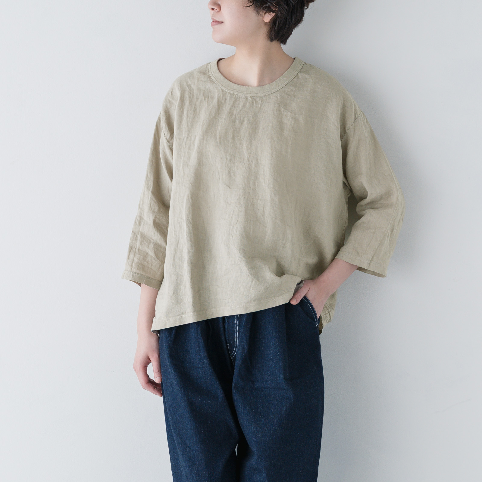 ARTE POVERA _ リネン染め8分袖クルーシャツ ホワイト