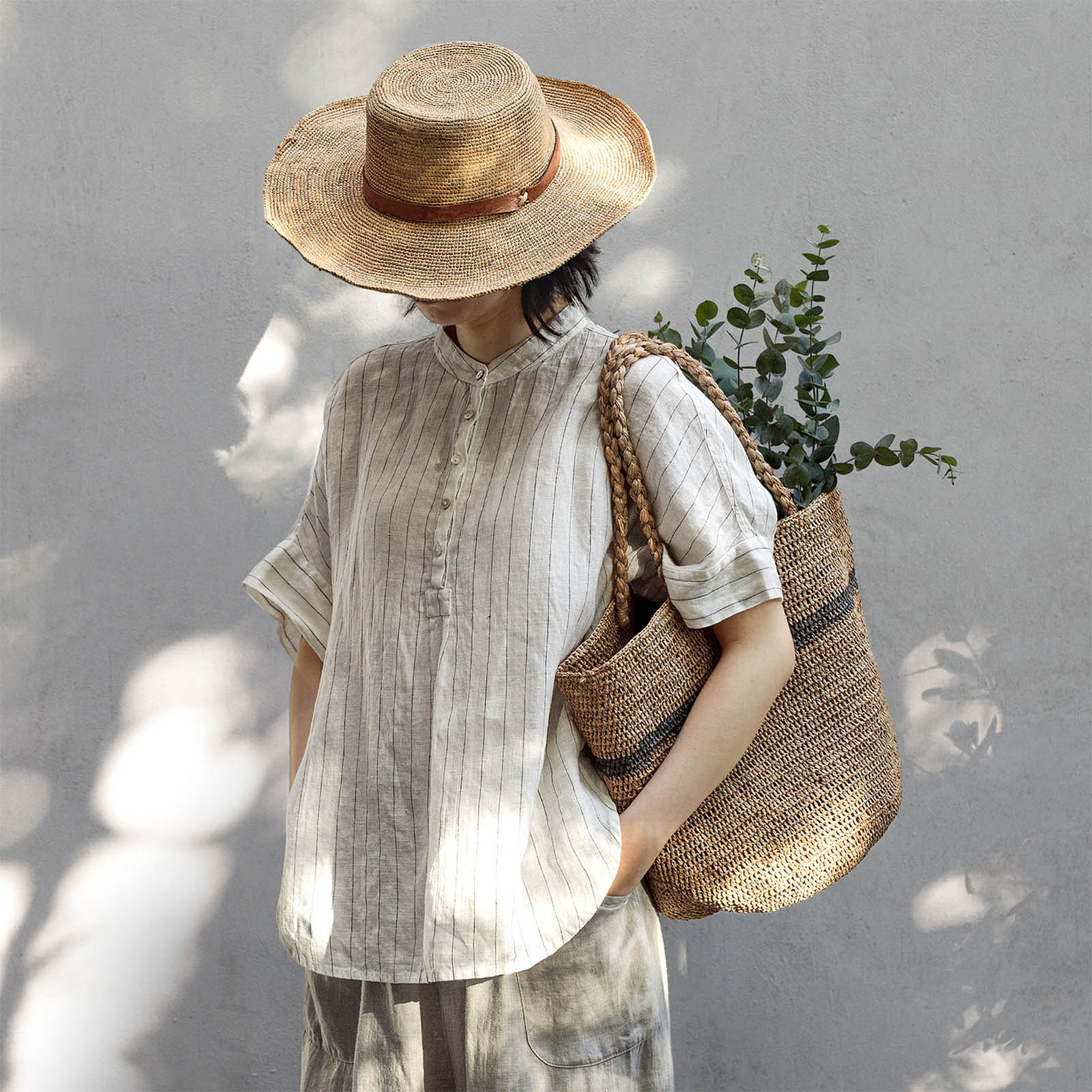 ALICE STRIPE ラフィアバッグ　Tea&Gray