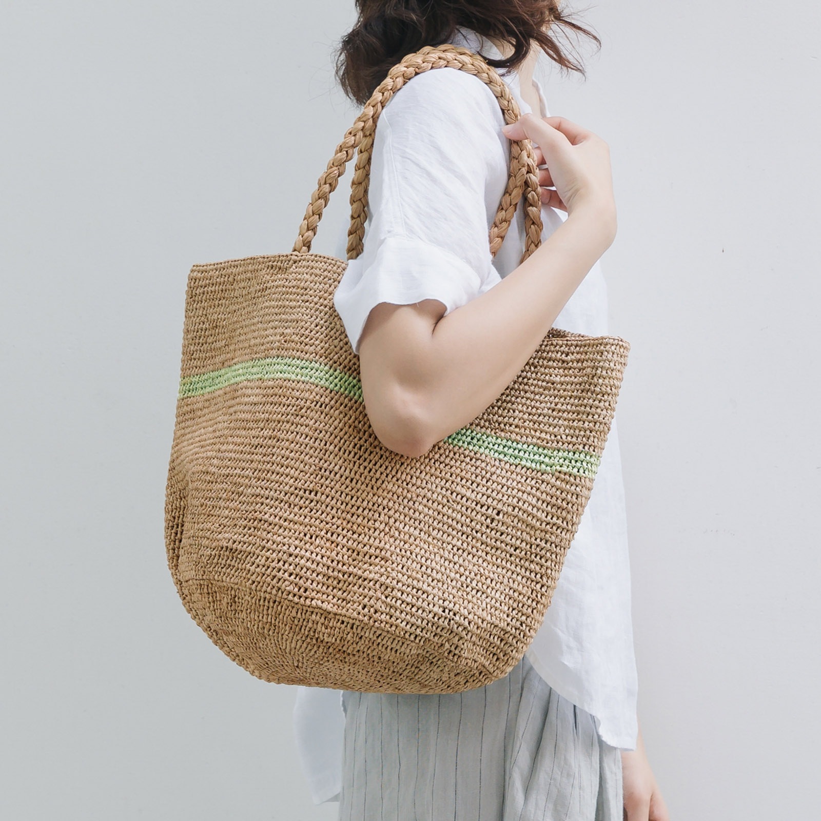 ALICE STRIPE ラフィアバッグ　Tea&Khaki
