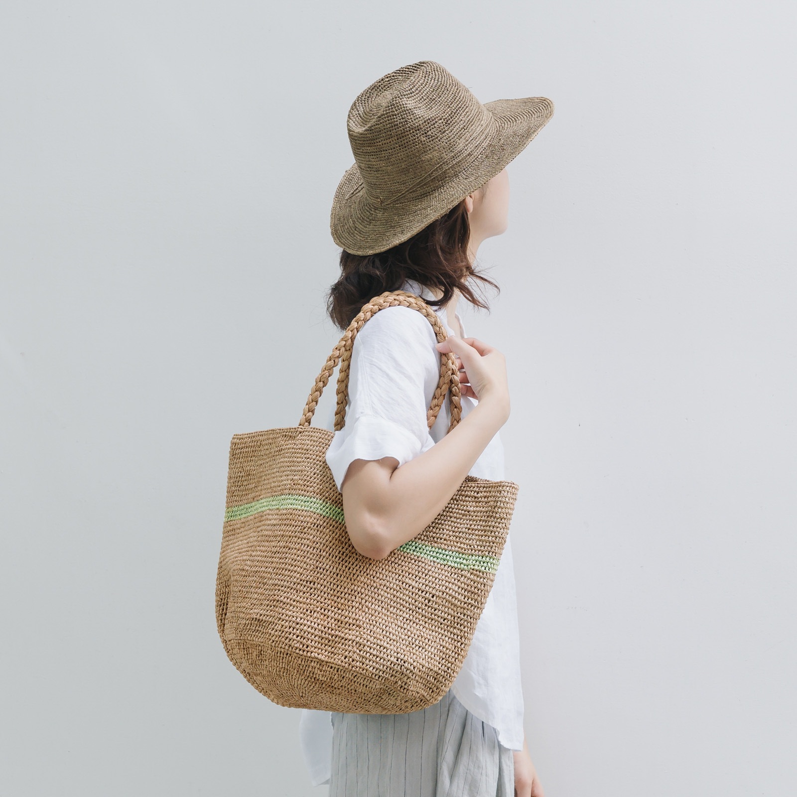 ALICE STRIPE ラフィアバッグ　Tea&Khaki
