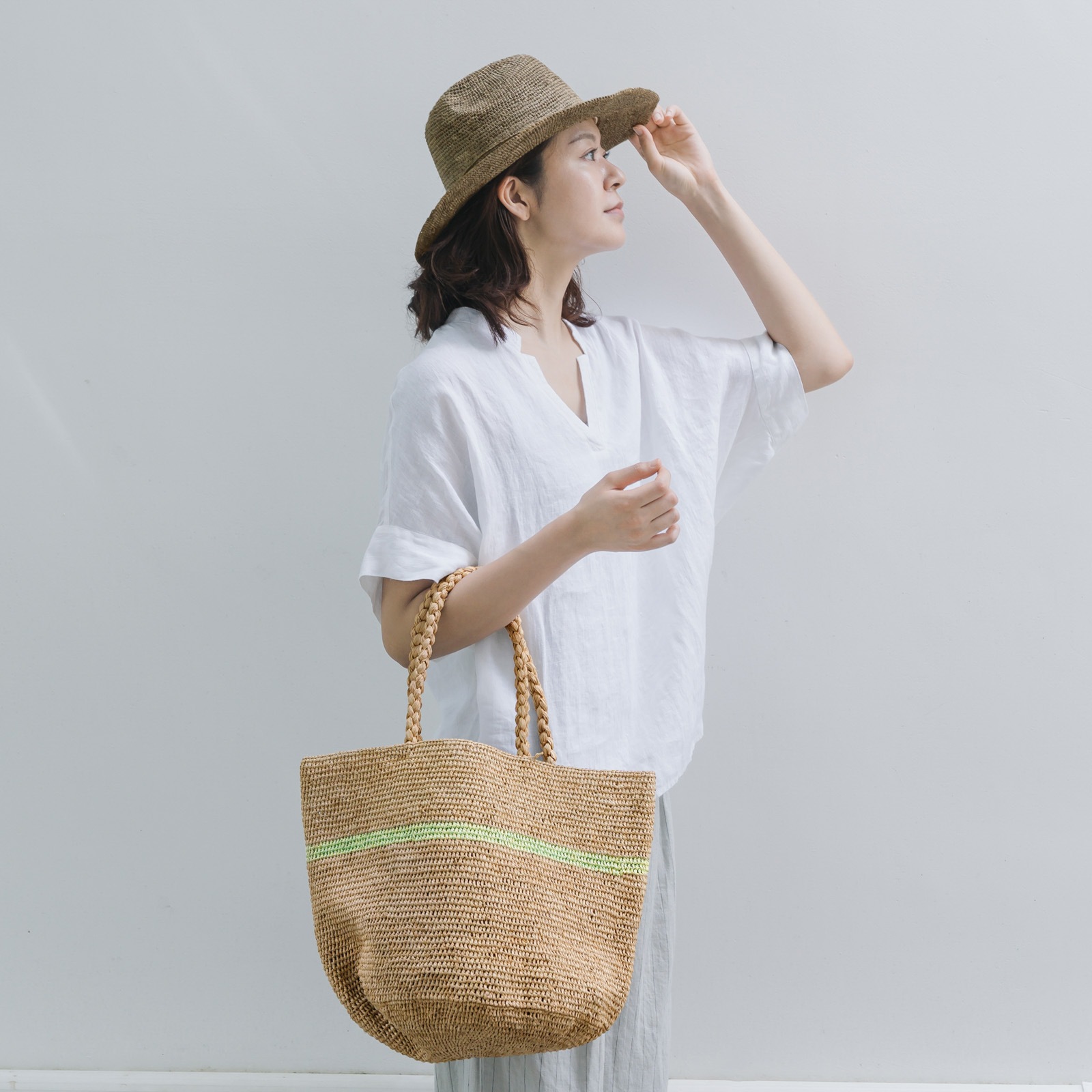 ALICE STRIPE ラフィアバッグ　Tea&Khaki