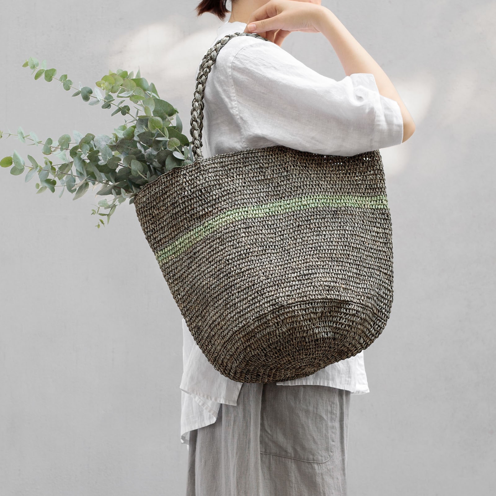 最終価格 Lino e Lina アリスストライプ ラフィアバッグ ALICE STRIPE ラフィアバッグ Gray&Khaki