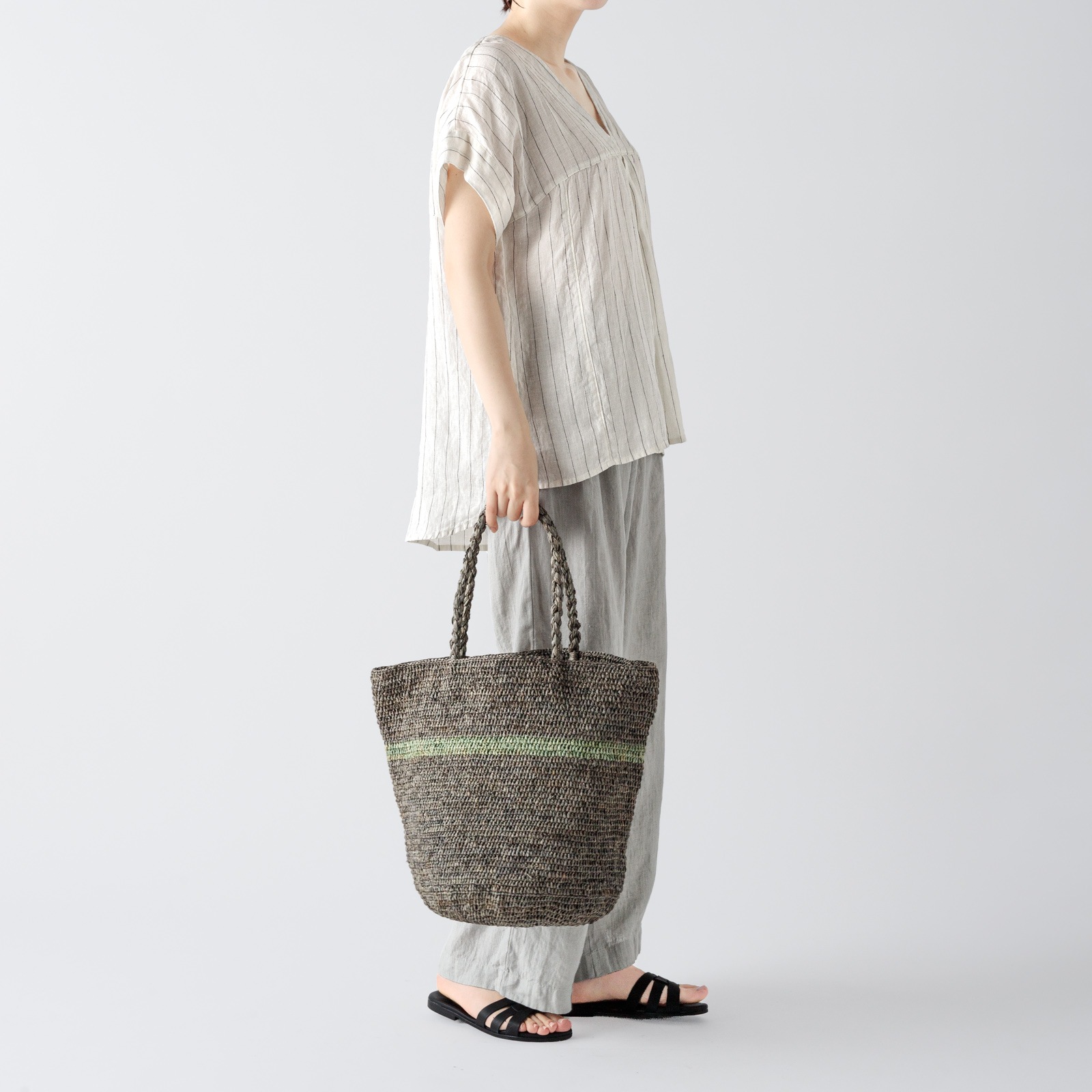 最終価格 Lino e Lina アリスストライプ ラフィアバッグ ALICE STRIPE ラフィアバッグ Gray&Khaki