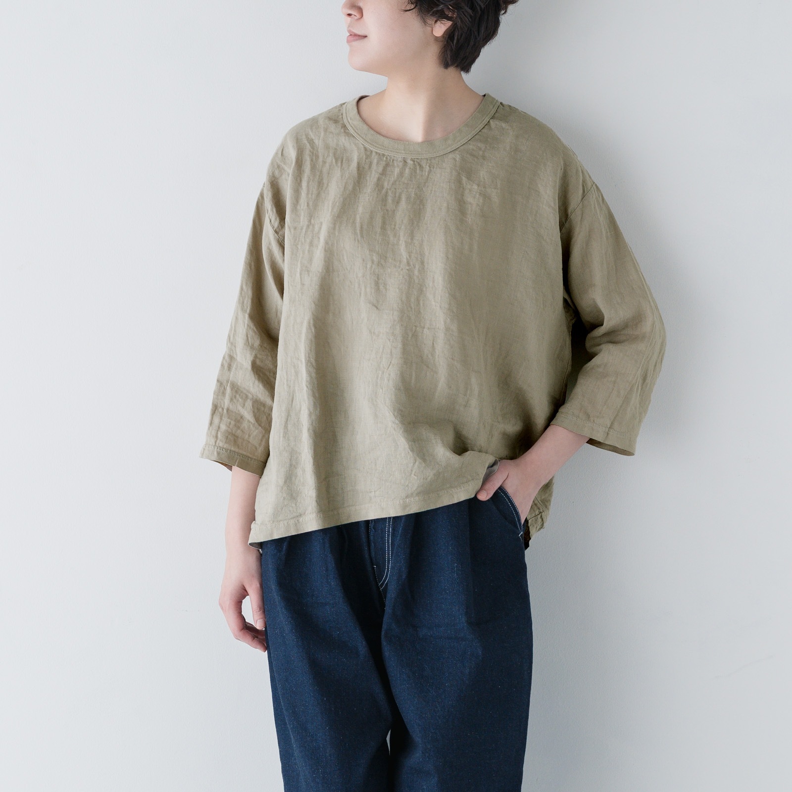 ARTE POVERA _ リネン染め8分袖クルーシャツ ブラック