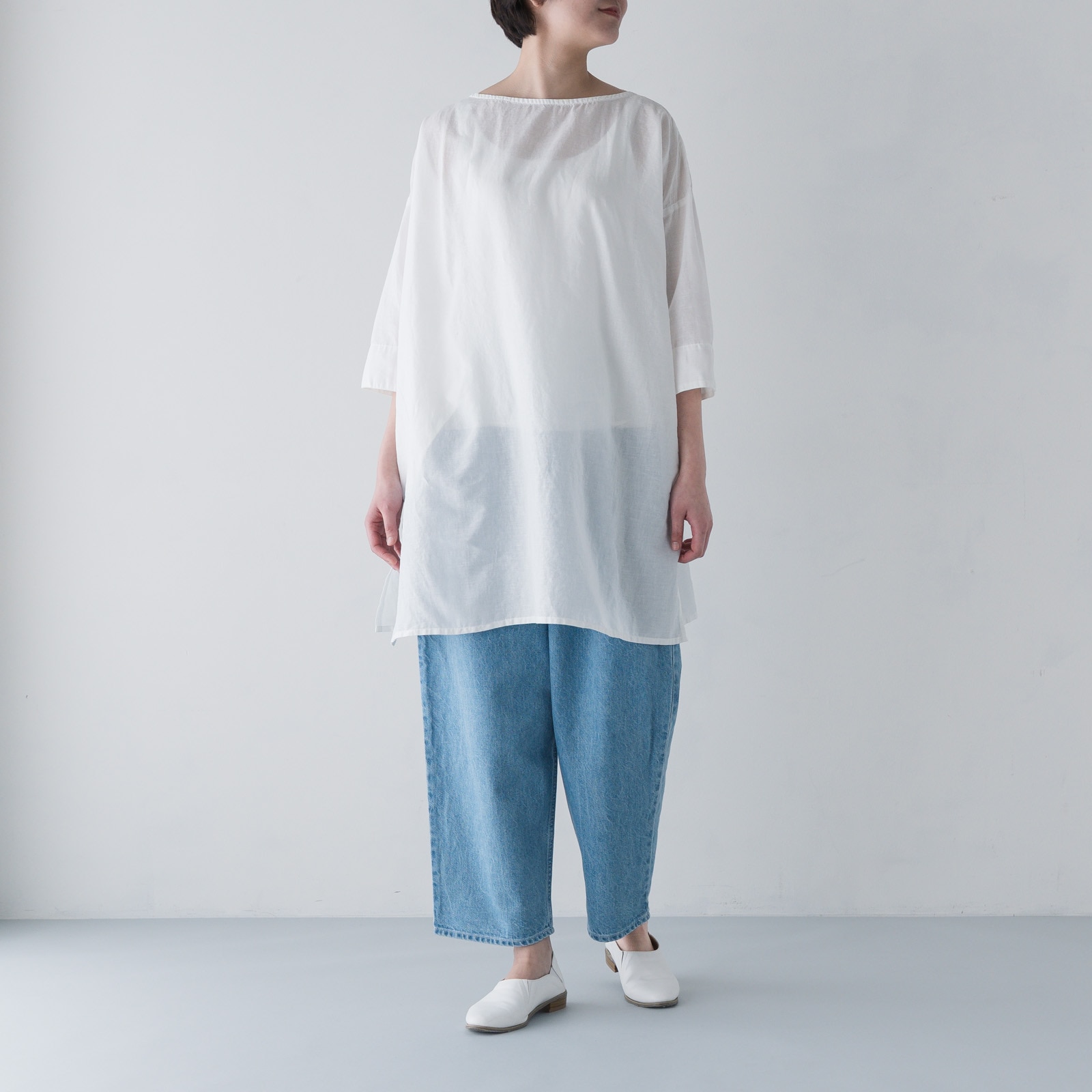 ARTE POVERA _ リネン&コットン ボートネックロングブラウス ホワイト