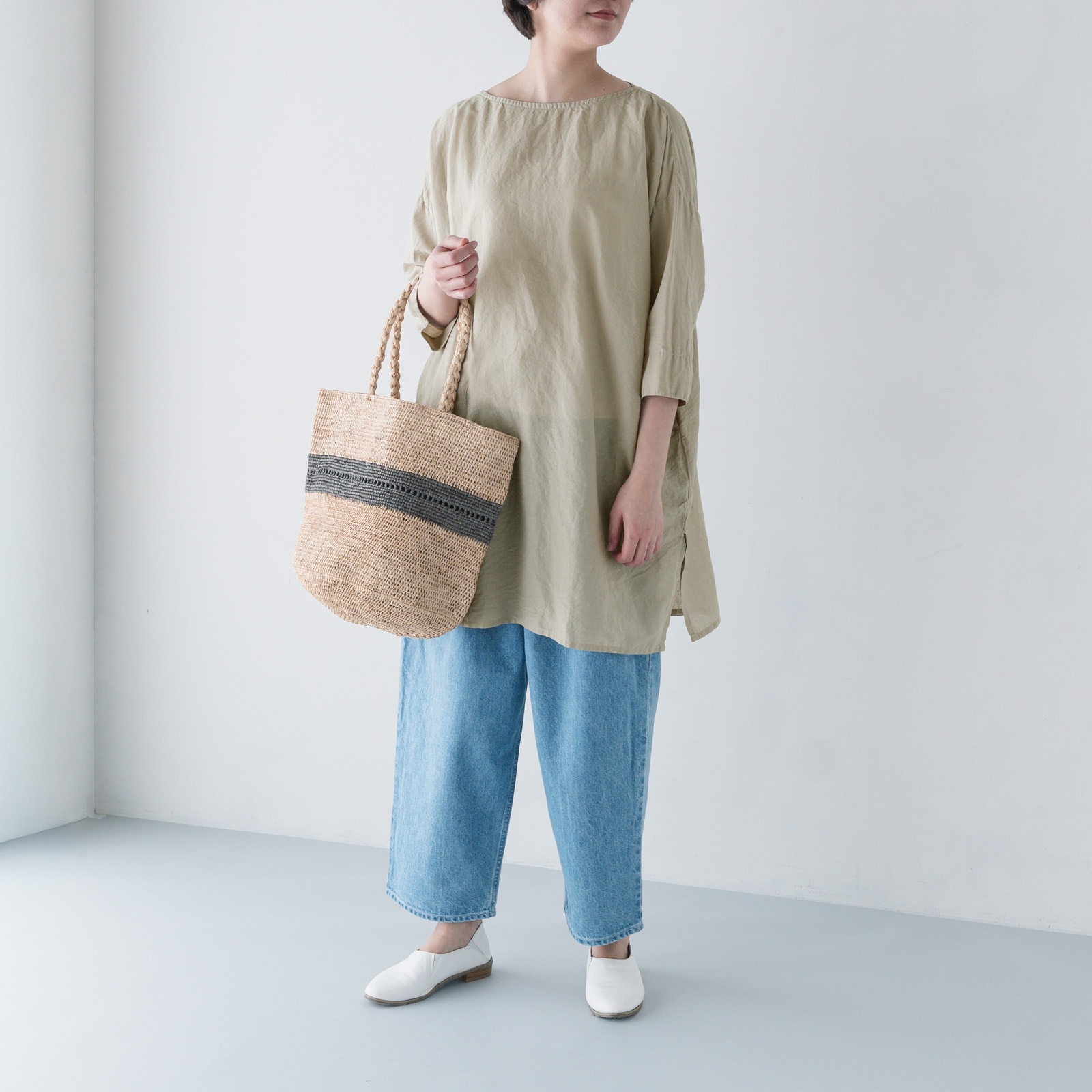 ARTE POVERA _ リネン&コットン ボートネックロングブラウス ホワイト