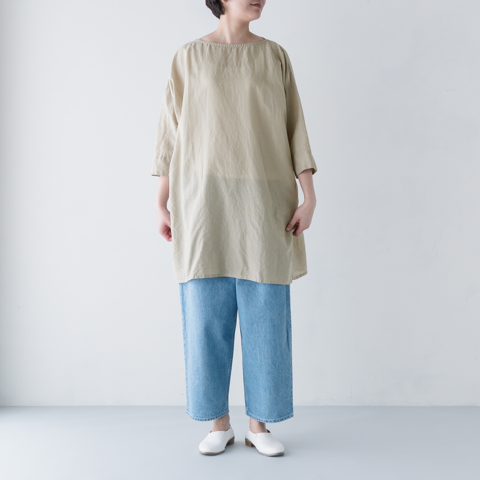 ARTE POVERA _ リネン&コットン ボートネックロングブラウス ホワイト