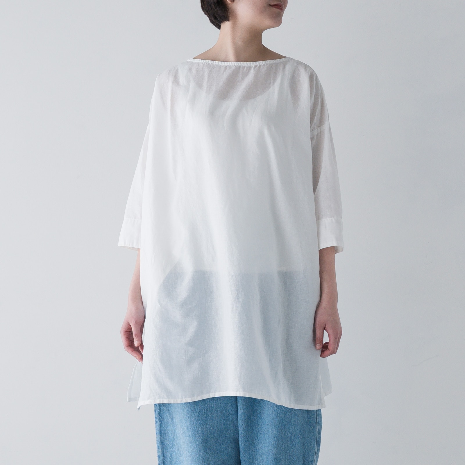 ARTE POVERA _ リネン&コットン ボートネックロングブラウス ホワイト