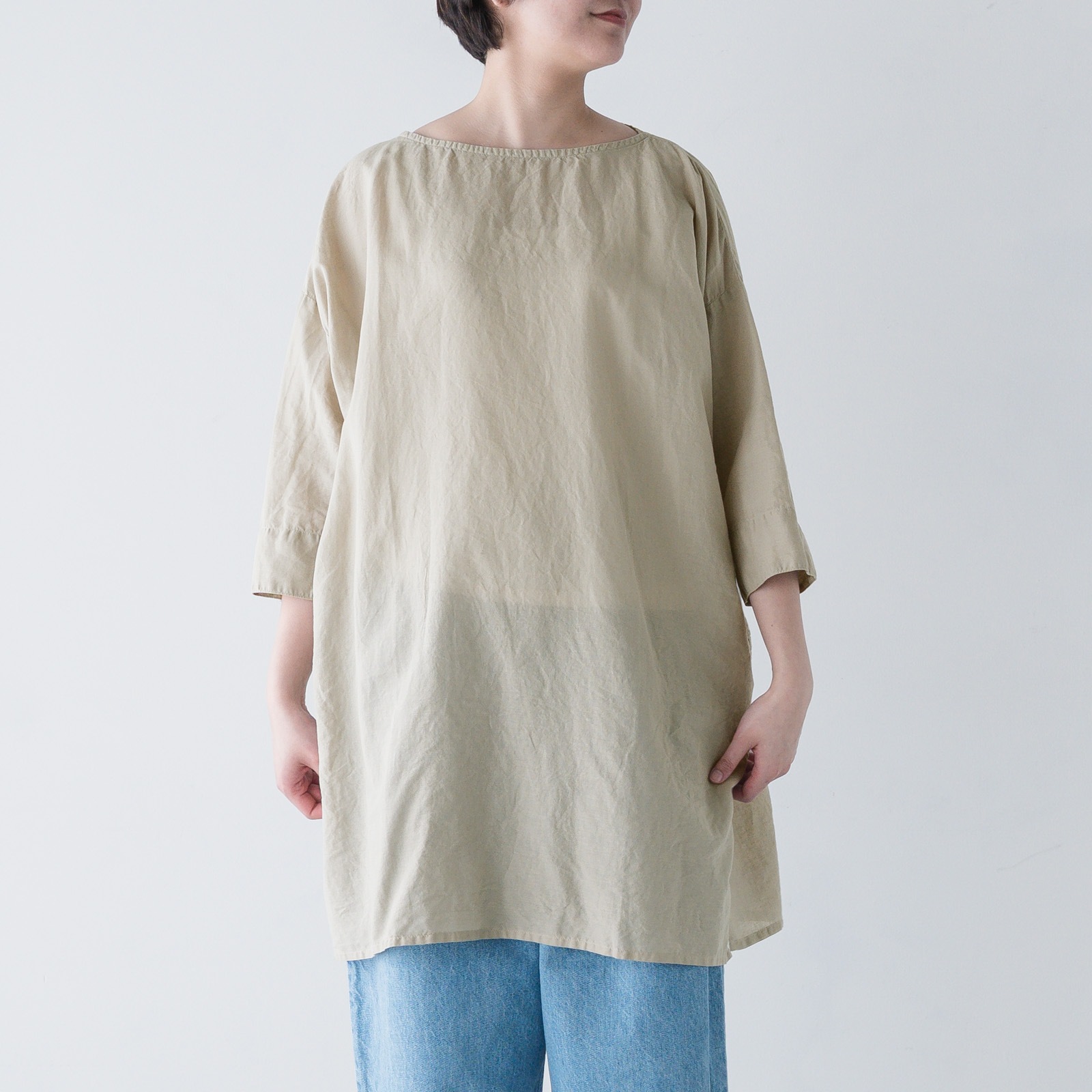 ARTE POVERA _ リネン&コットン ボートネックロングブラウス ライトベージュ