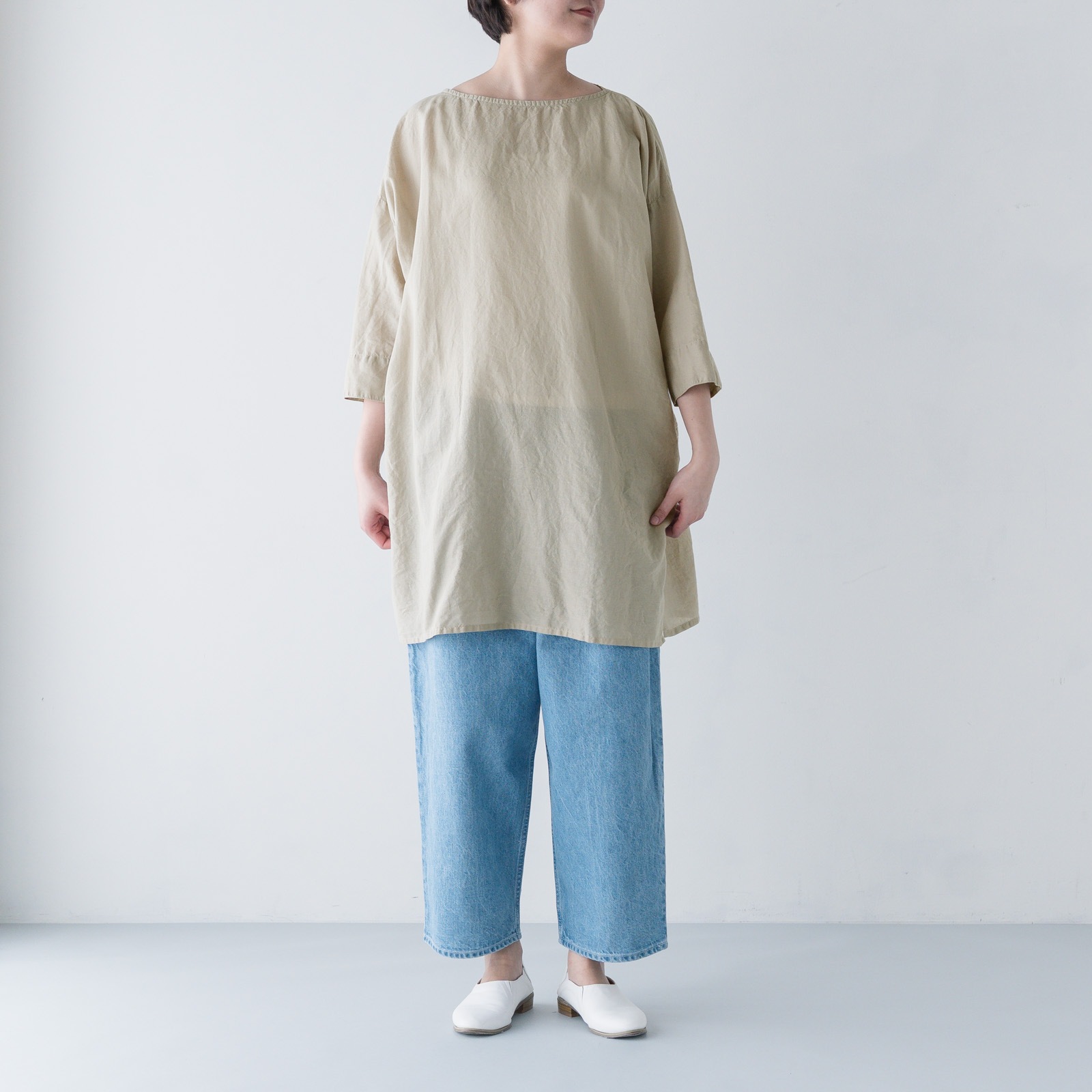 ARTE POVERA _ リネン&コットン ボートネックロングブラウス ネンドグレー