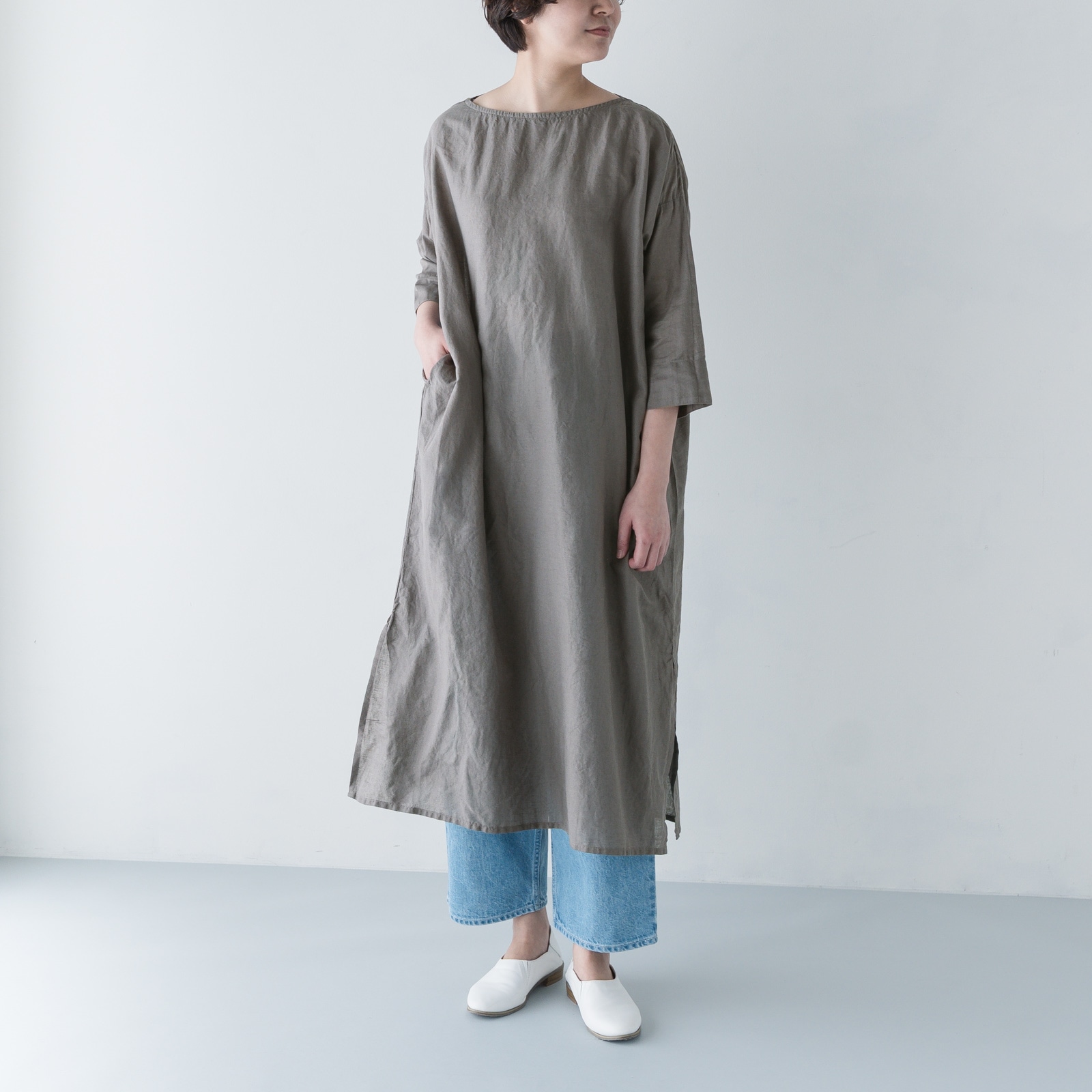 ARTE POVERA _ リネン&コットン ボートネックロングワンピース ブラック