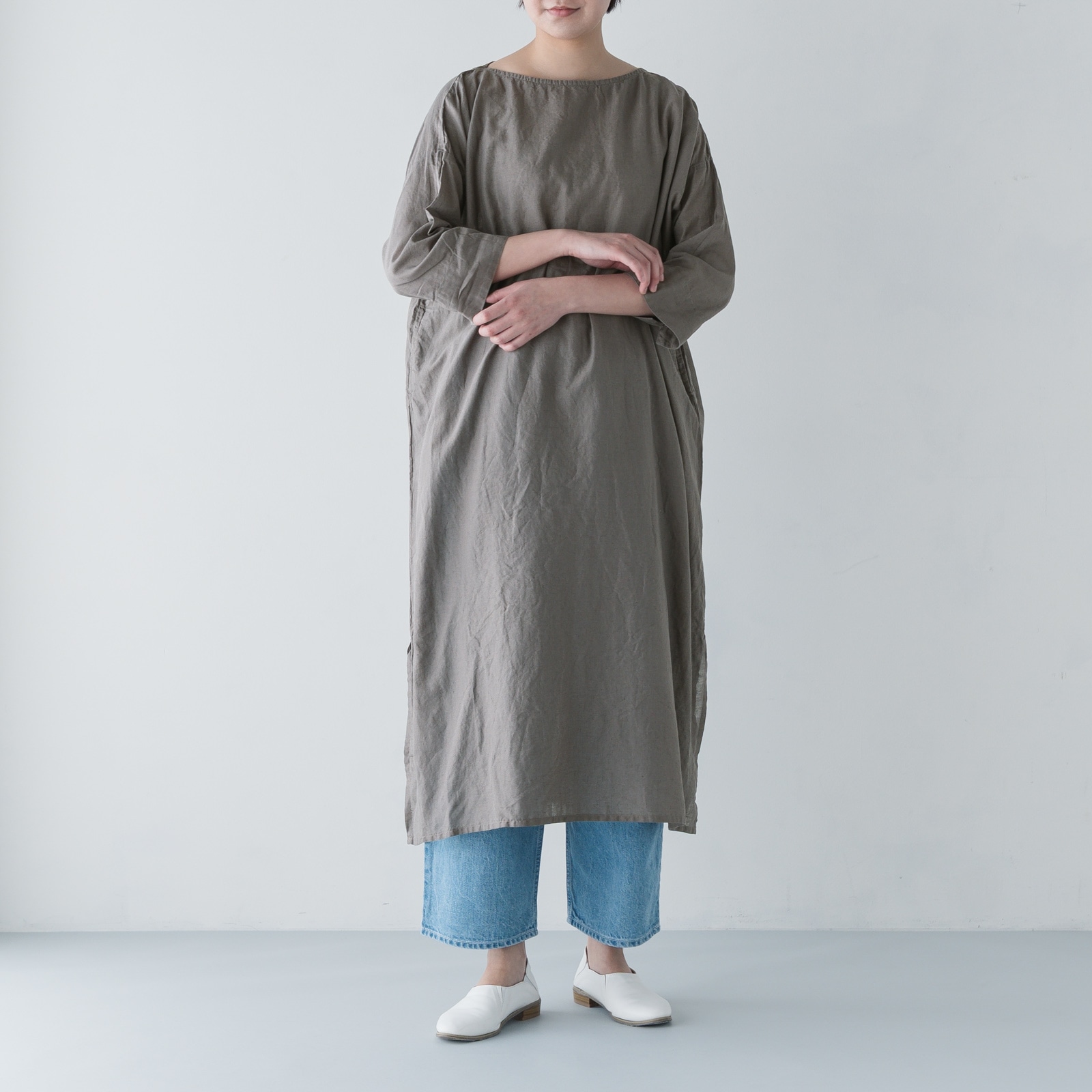 ARTE POVERA _ リネン&コットン ボートネックロングワンピース ブラック