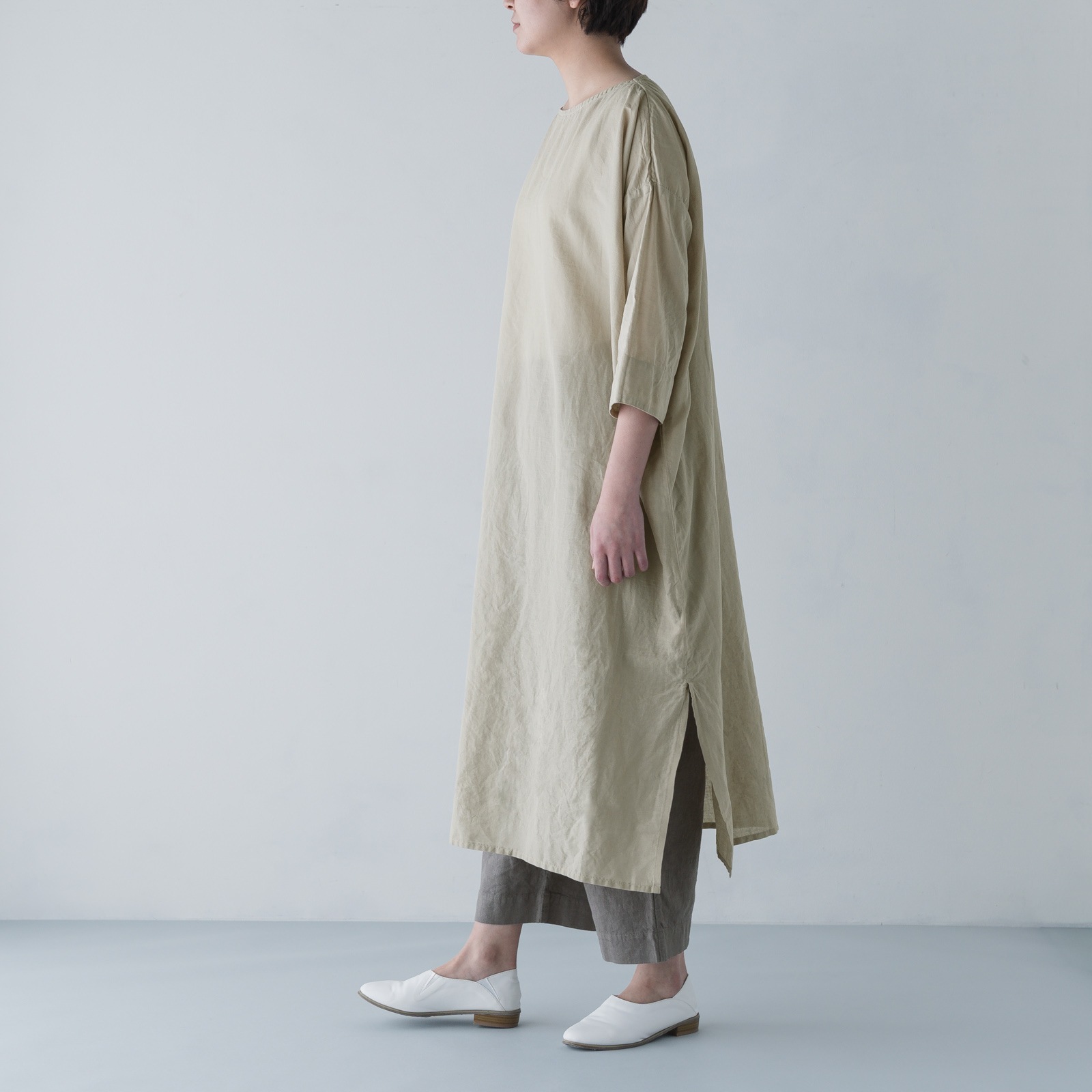 ARTE POVERA _ リネン&コットン ボートネックロングワンピース ライトベージュ