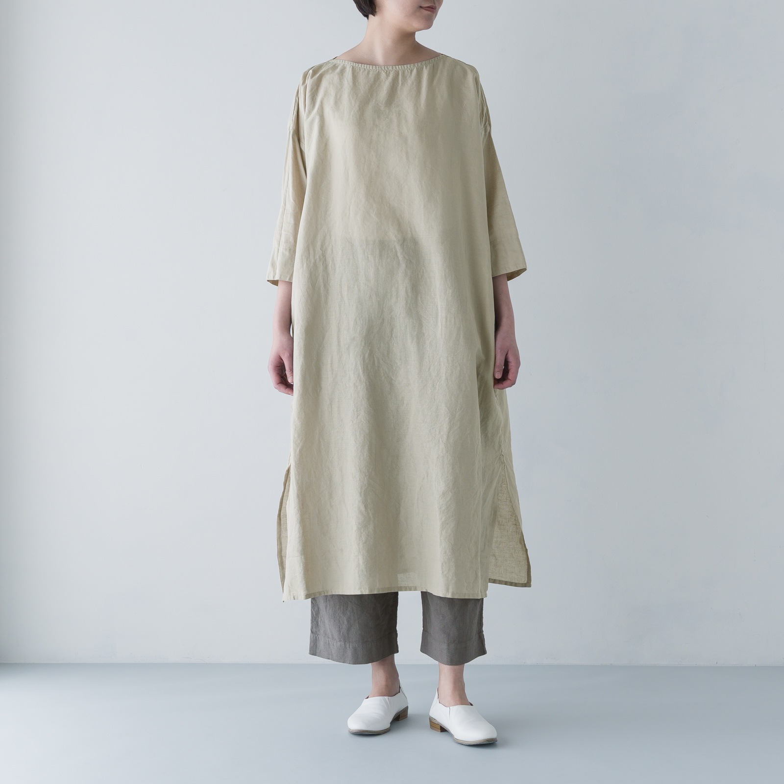ARTE POVERA _ リネン&コットン ボートネックロングワンピース ライトベージュ