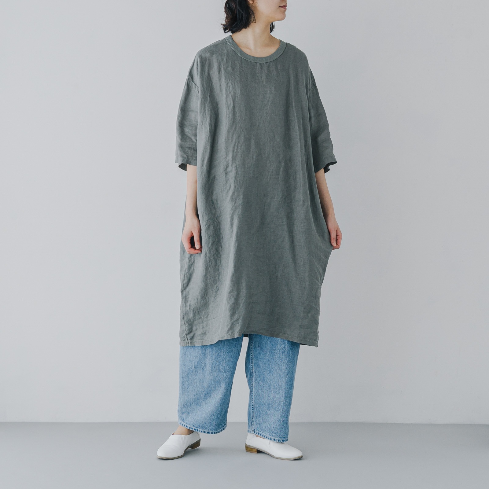 ARTE POVERA リネンワンピース リネン クルーワンピース _ セージグリーン