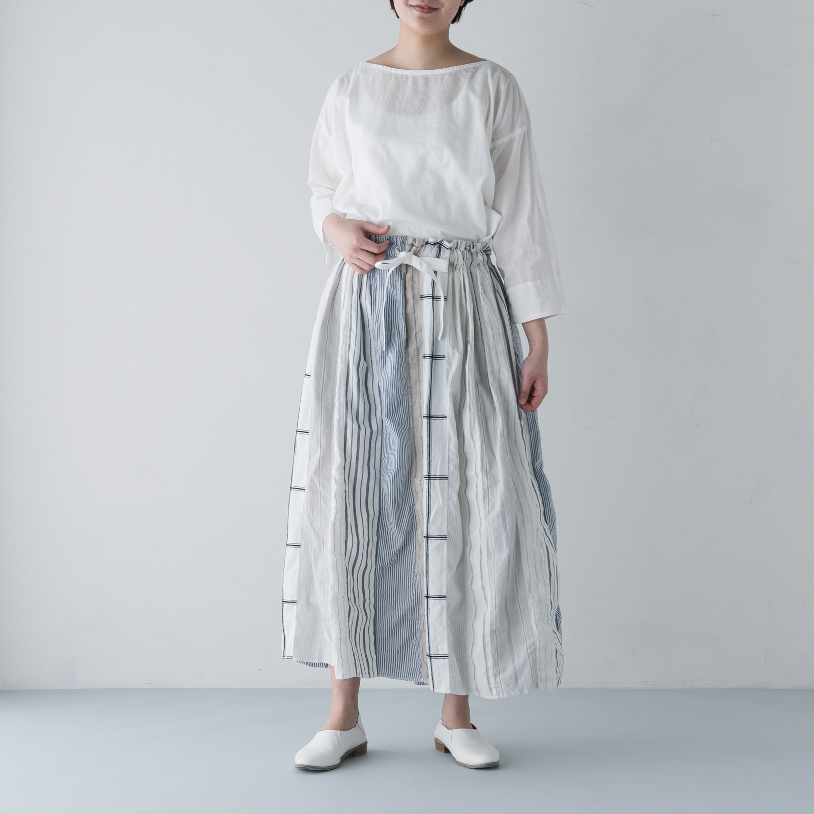 ARTE POVERA _ ストライプ MIXMIX ギャザースカート _ ホワイトMIX