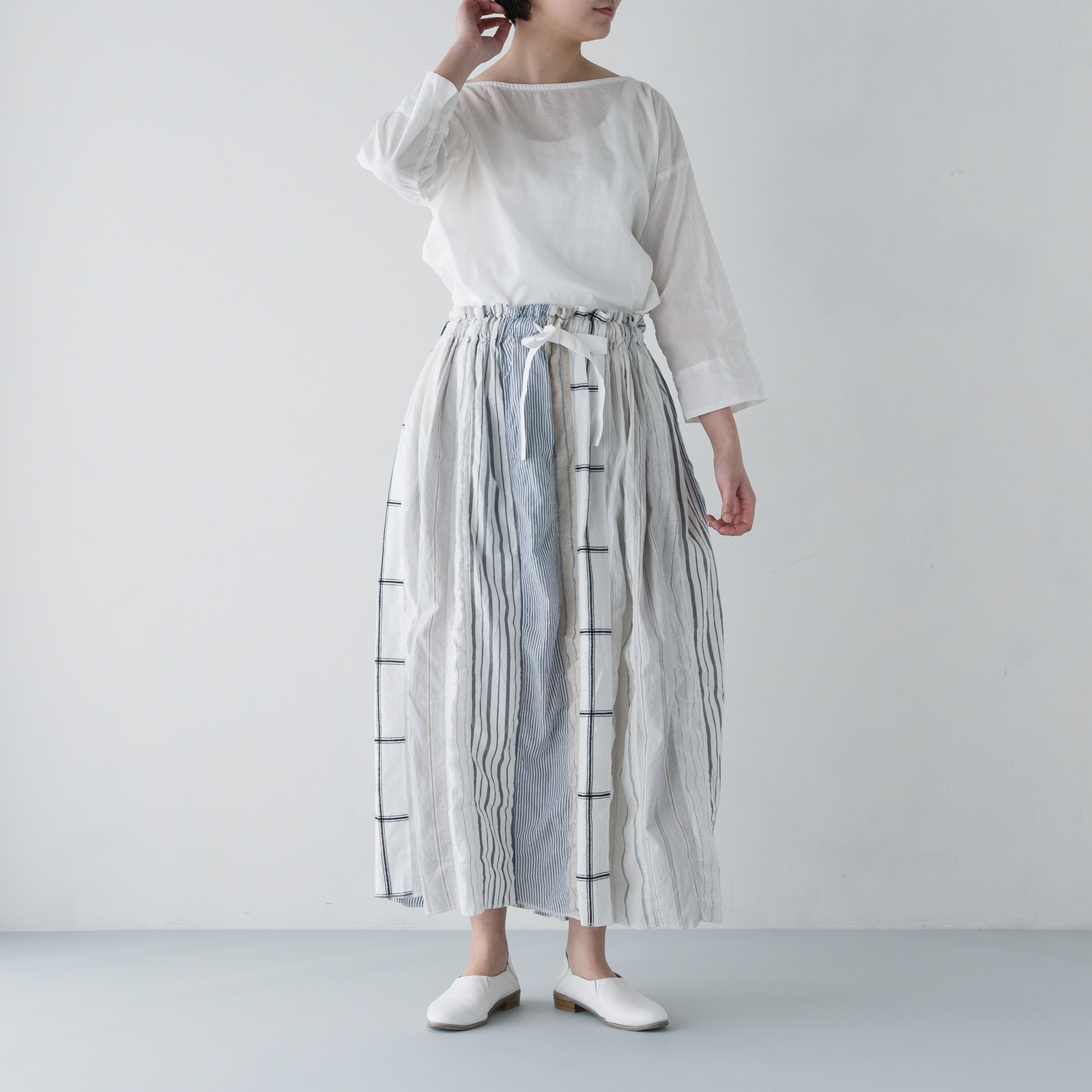 ARTE POVERA _ ストライプ MIXMIX ギャザースカート _ ホワイトMIX