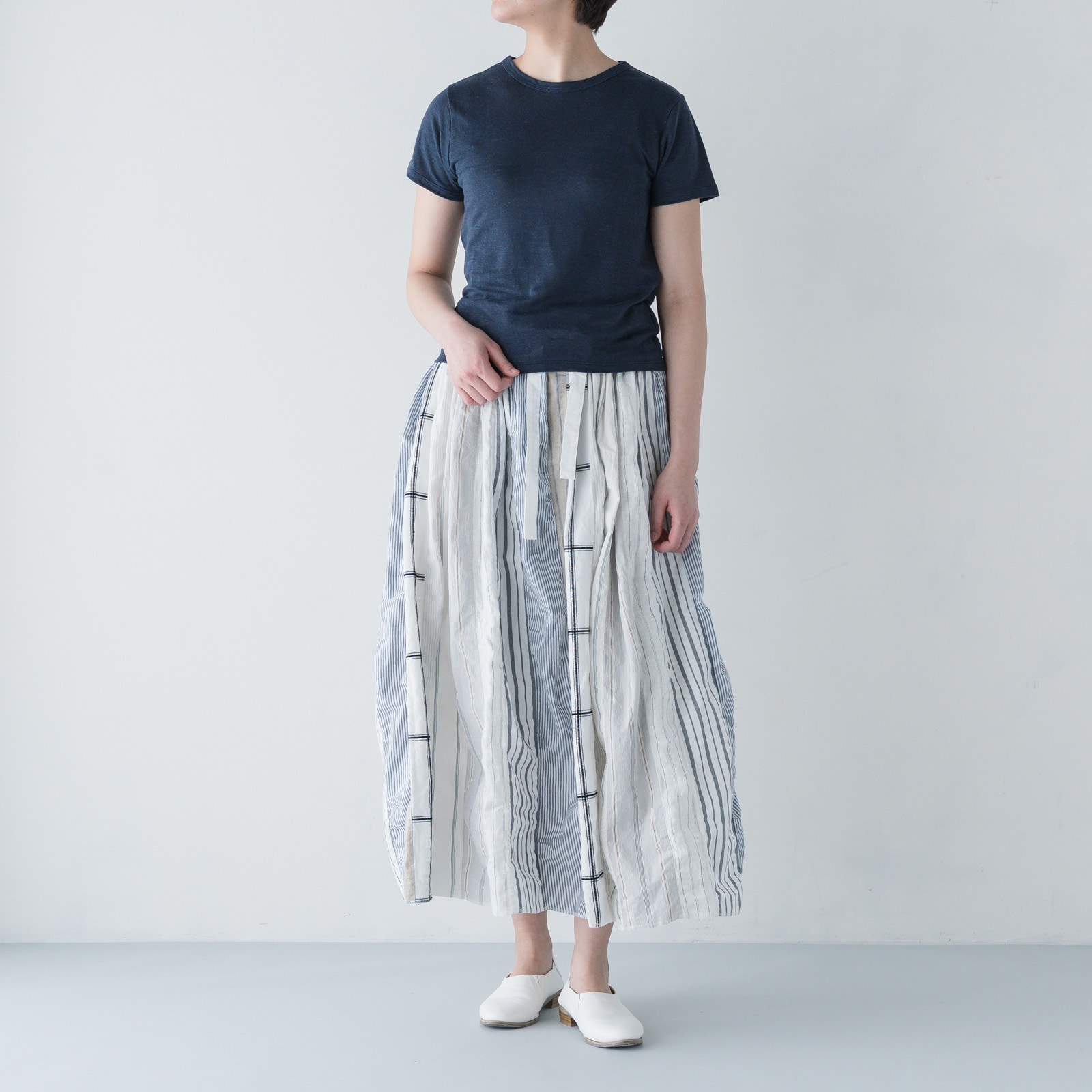 ARTE POVERA _ ストライプ MIXMIX ギャザースカート _ ホワイトMIX