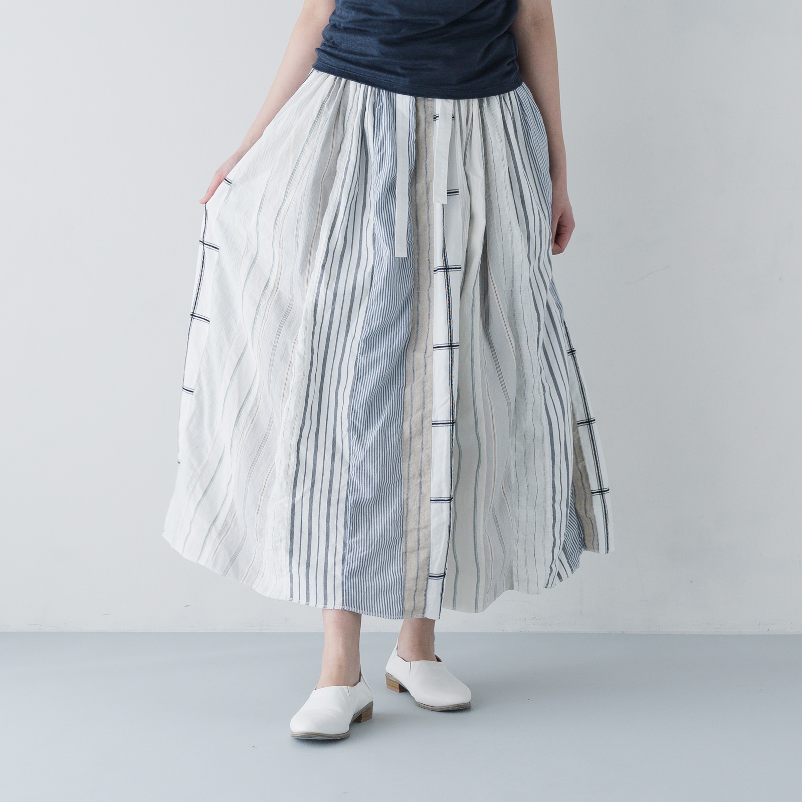 ARTE POVERA _ ストライプ MIXMIX ギャザースカート _ ホワイトMIX