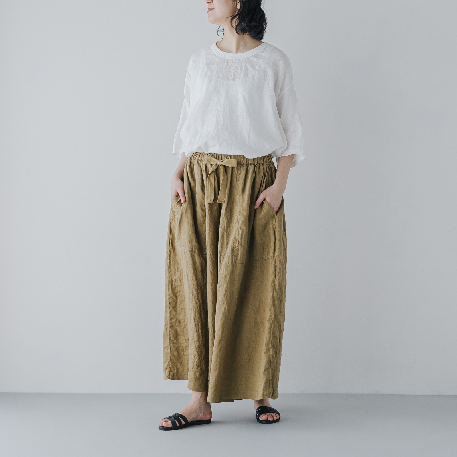 リネン染めギャザリングパンツ _ セージグリーン