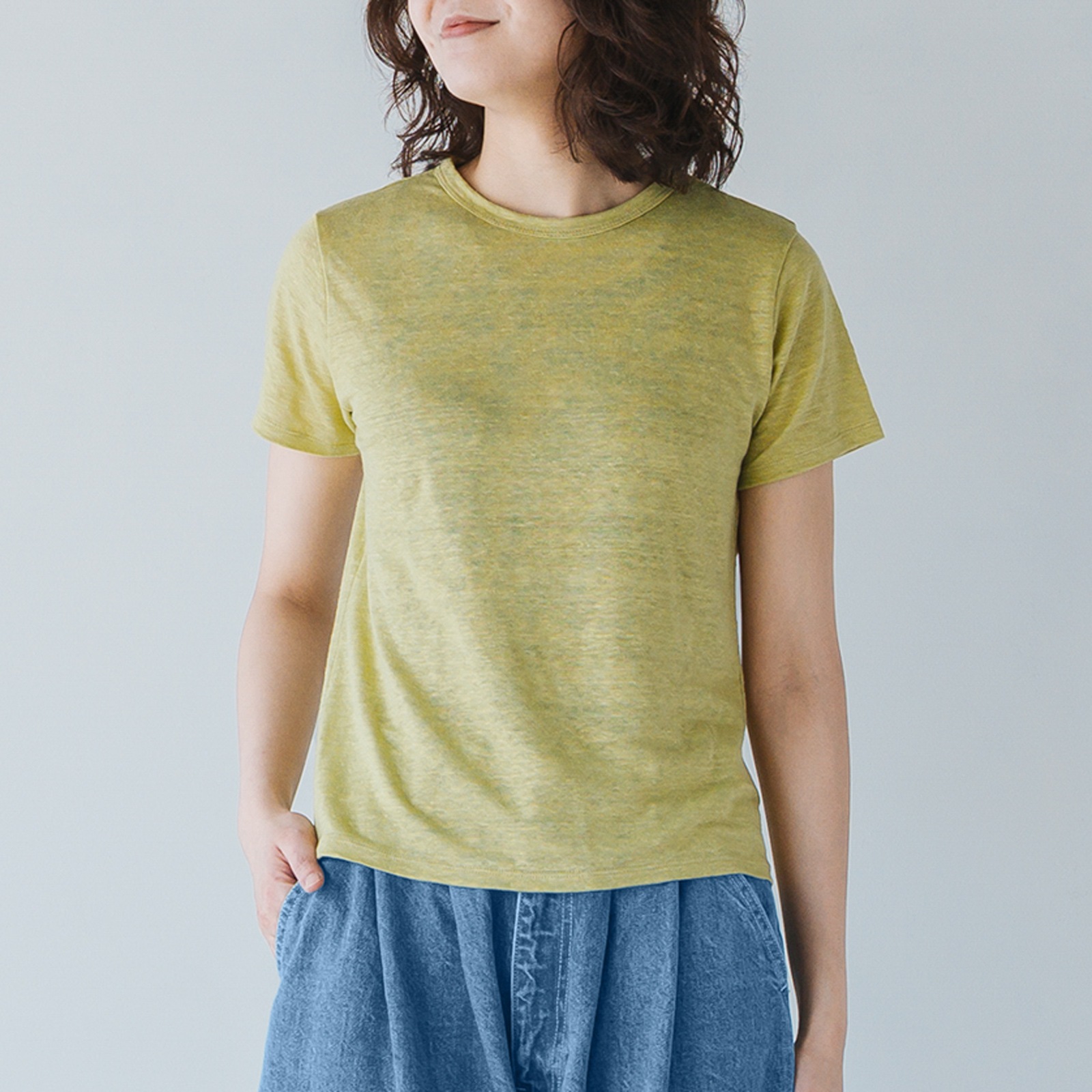 SONORO _ リネン 半袖Tシャツ イエローグリーン