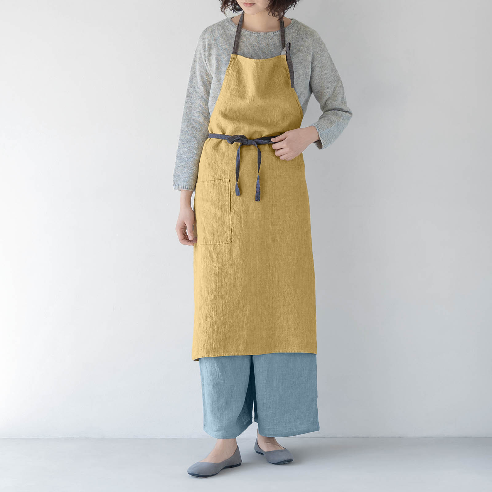 【4/30まで 刺繍無料】 _ フルエプロン マノン _ アンティークイエロー