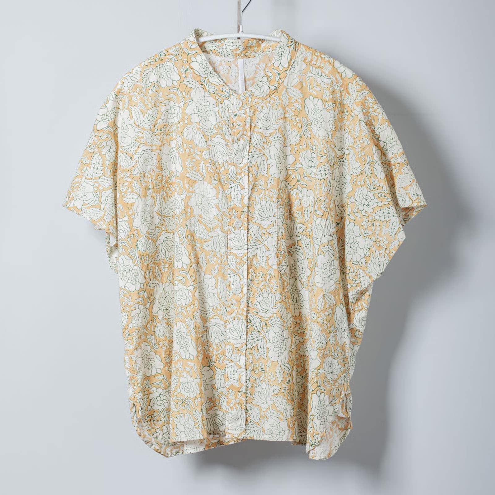 ARTE POVERA _ インド草木染ハンドプリント _ スタンドフレンチシャツ _ イエローベージュ