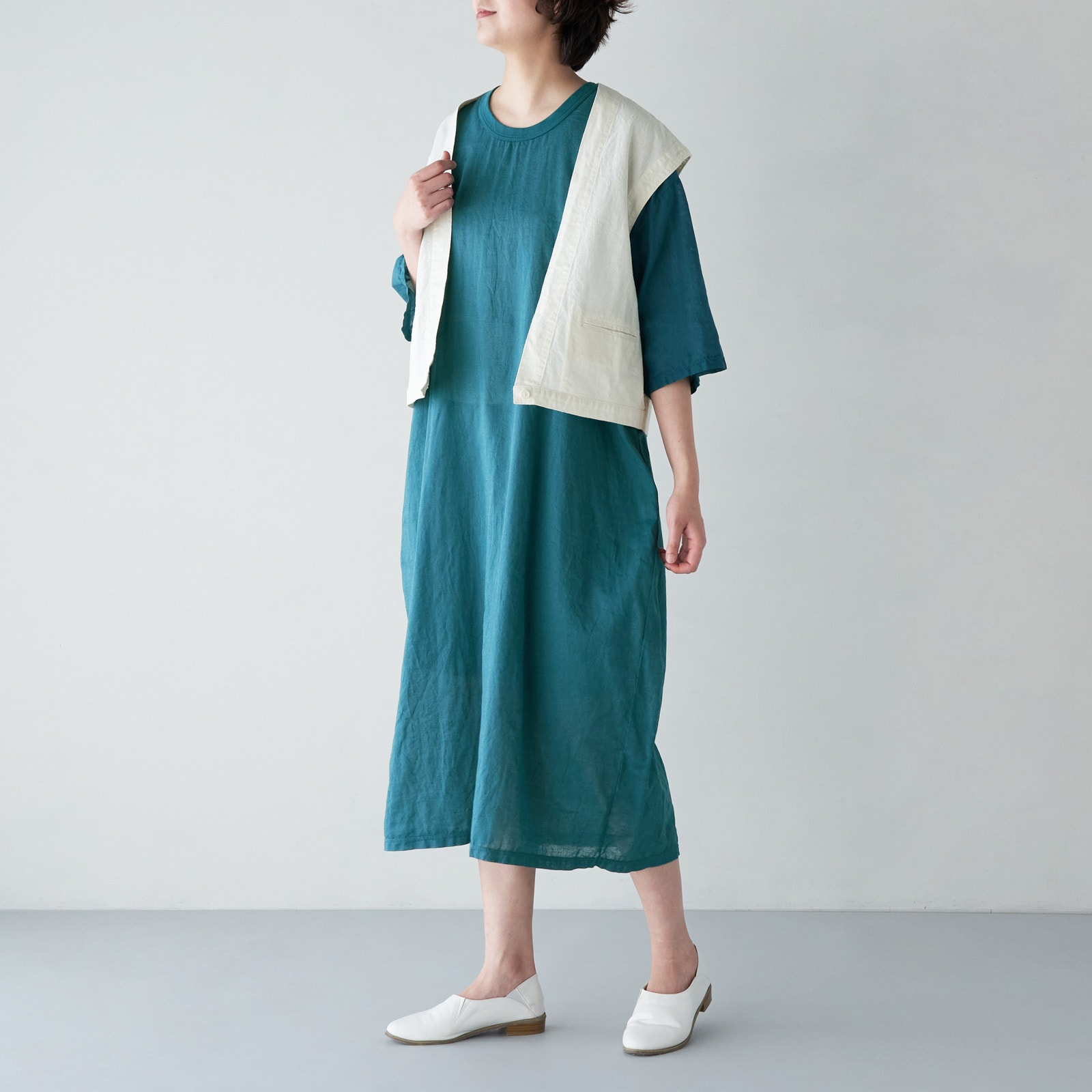 ARTE POVERA _ リネンコットン クルーワンピース _ ターコイズ