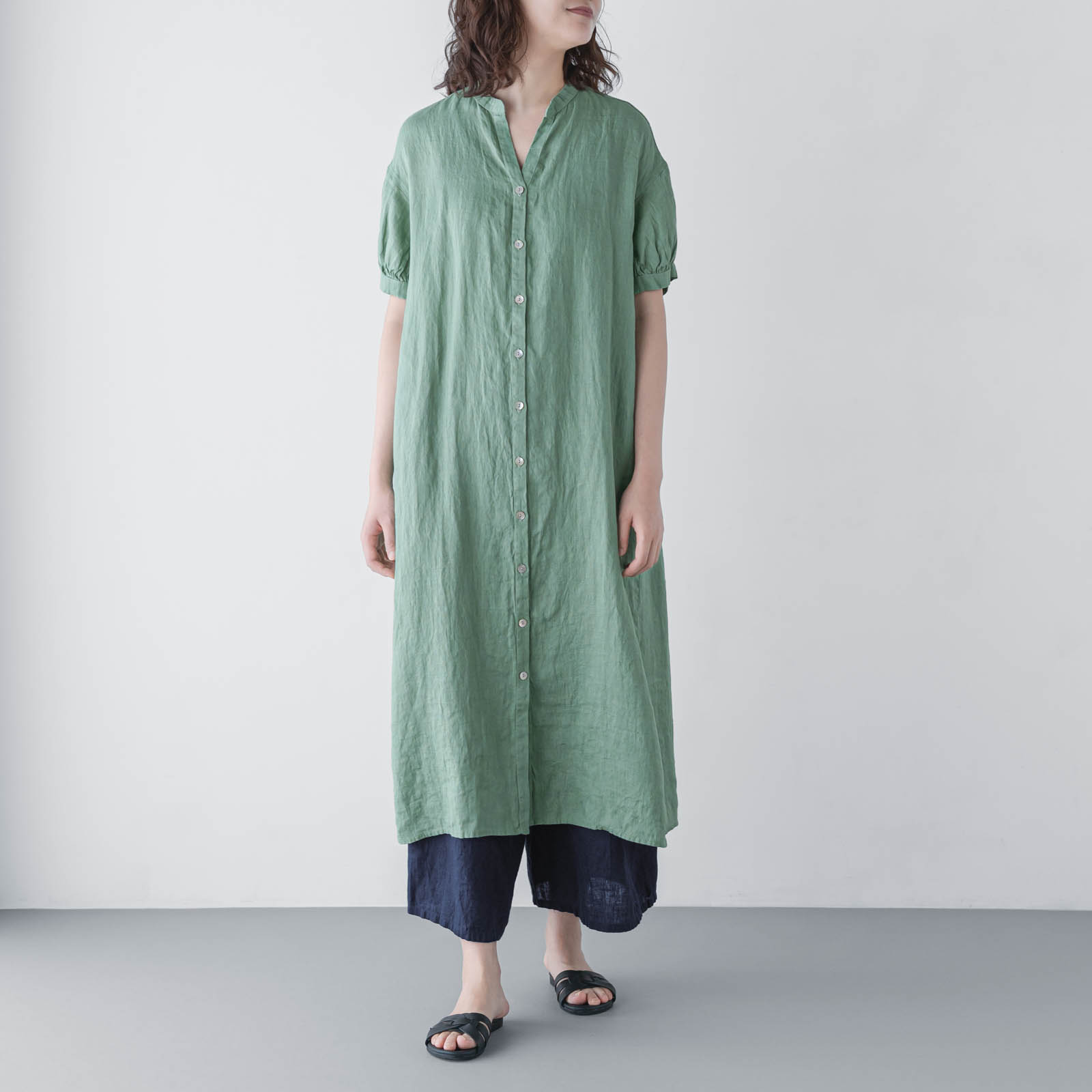 E54-19 ギャザースリーブワンピース _ ジェイドグリーン