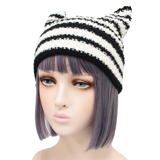 猫耳ボーダーニットキャップ【BLACKxWHITE】 /リッスンセレクト