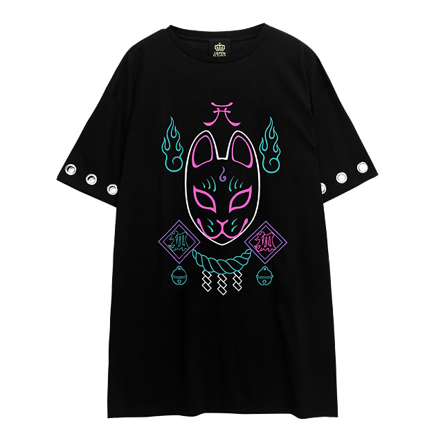 LISTEN FLAVOR　リッスンフレーバー　キラキラネコ スリットBIGトップス【BLACK】 キラキラネコ スリットBIGトップス【BLACK】｜LISTEN FLAVOR
