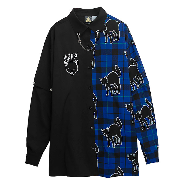 やんのかステップ黒猫2WAYシャツ【BLACK×BLUE】｜LISTEN FLAVOR