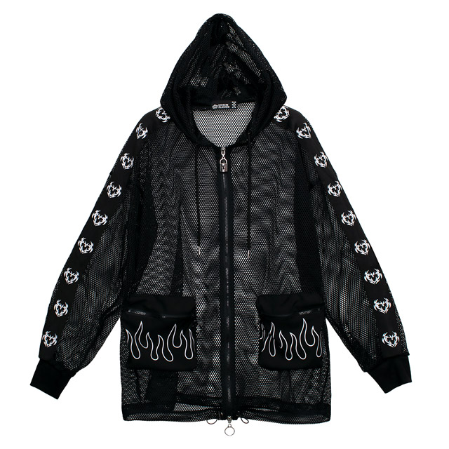 危険なハートの袖ラインメッシュジップパーカー 【BLACK】｜LISTEN