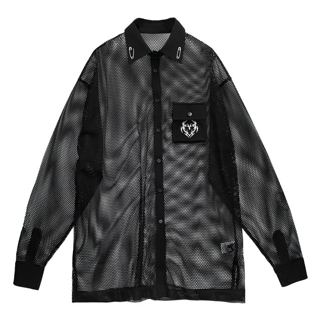 [APPAREL]/リッスンフレーバー/闇のメタルハート　メッシュシャツ BLACK (F) ゴスロリ・パンク/LISTEN FLAVOR 闇のメタルハート メッシュシャツ【BLACK】｜LISTEN FLAVOR(リッスン