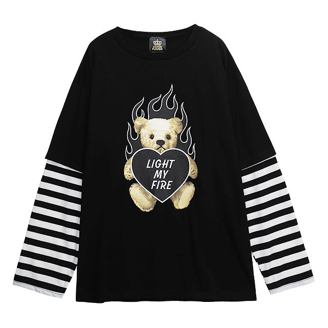 【3/4(土)発売:予約特典ポイント10倍!!】LISTEN FLAVOR リッスンフレーバー ファイヤーハートベア レイヤード風ロンT 【BLACK】