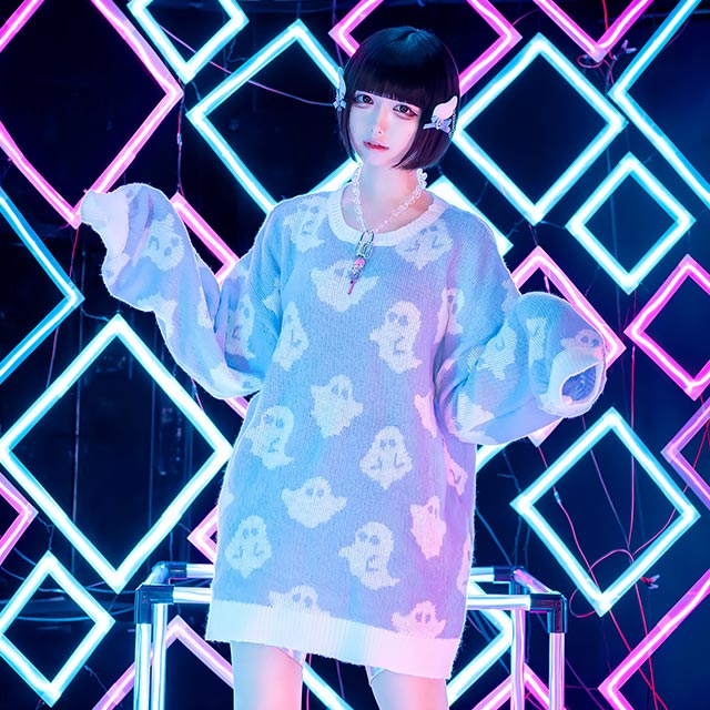 ゴースト総柄ニットトップス【BLACK】｜LISTEN FLAVOR(リッスン